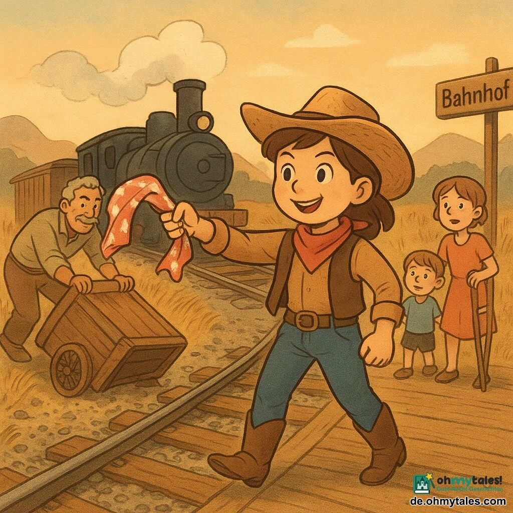 Die Hauptfigur ist ein Cowgirl-Mädchen mit entschlossenem Lächeln, braunen Haaren unter einem schiefen Strohhut, das ein rot-weißes Tuch schwenkt, um den Zug anzuhalten; links stößt der alte Sam mit anderen einen umgekippten Holzwagen nahe den Schienen, rechts steht Lina (ca. 9 Jahre) auf Krücken, hält ein Kind an der Hand und motiviert die Menge vom Bahnsteig; hinter der Szene blickt der Lokführer in dunkler Lederjacke überrascht aus dem bremsenden Lokfenster; Schauplatz: kleiner Bahnhof im Grasland bei Sonnenuntergang mit verwitterten Holzsteigen, hohen goldenen Gräsern, fernen Bergen und einer dampfenden Lokomotive; Szene: das Cowgirl steht auf dem Schotter, das Tuch im Wind, die Gemeinschaft schiebt den Wagen und schützt die Kinder, die Lok hält gerade noch an — dynamische Komposition, warme Farben, weiche Kontraste, Holz- und Staubtexturen.