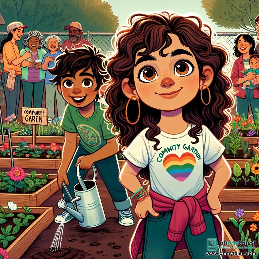 A 12-year-old girl named Lily stands in the center of the image, with curly brown hair, wearing a colorful t-shirt and jeans. Her face expresses joy and determination as she plants seeds in a community garden. Next to her, a 12-year-old boy named Sam, with sparkling brown eyes and messy hair, smiles while holding a small watering can, ready to water the plants. In the background, families gather, children laugh and play, and volunteers share meals. The garden is filled with colorful flowers and growing vegetables, with wooden signs reading "Community Garden." The scene conveys an atmosphere of solidarity and hope, illustrating the community spirit coming together to help those in need.