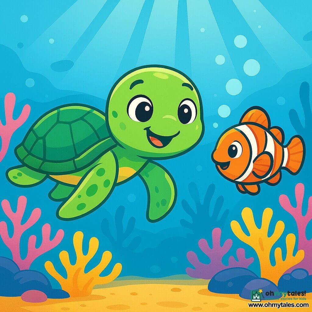 Sunny, a small sea turtle with shiny green scales and sparkling curious eyes, swims joyfully in clear water, her flippers waving enthusiastically. She has a radiant smile on her face, showing her excitement for adventure. Nearby, a clownfish with orange and white stripes, wearing a friendly and playful expression, blows bubbles while playing around Sunny, encouraging her to explore. The seabed is filled with colorful corals in shades of pink, purple, and yellow, creating a magical underwater landscape. Rays of light filter through the water, illuminating the golden sand below. In this scene, Sunny discovers a beautiful coral reef, awed by the beauty around her and ready to dive deeper into her underwater adventure.