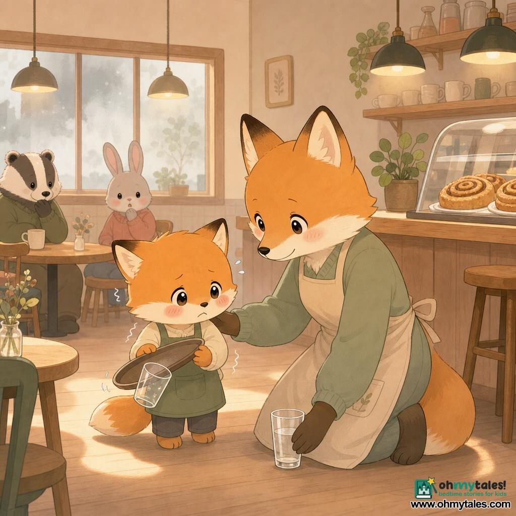 Main character: a young anthropomorphic fox child with a flushed face, pink cheeks and wide shining eyes, timid and slightly trembling, holding a tilted tray from which a glass slipped. Secondary character: the mother fox, adult with soft fur and a warm, serene expression, kneeling beside her child with a reassuring paw on their shoulder while picking up the intact glass. Background characters: a few softly blurred anthropomorphic customers (badger, rabbit) with surprised but kind looks, seated at mismatched tables by the window. Setting: small cozy café with light wood counter, smoky window, chalk-menu board, pastry display with cinnamon rolls, warm pendant lamps casting golden patches on the floor. Main moment: the glass has slid and rolled on the floor, a frozen tense instant softened by the mother’s protective closeness, intimate warm reassuring atmosphere.