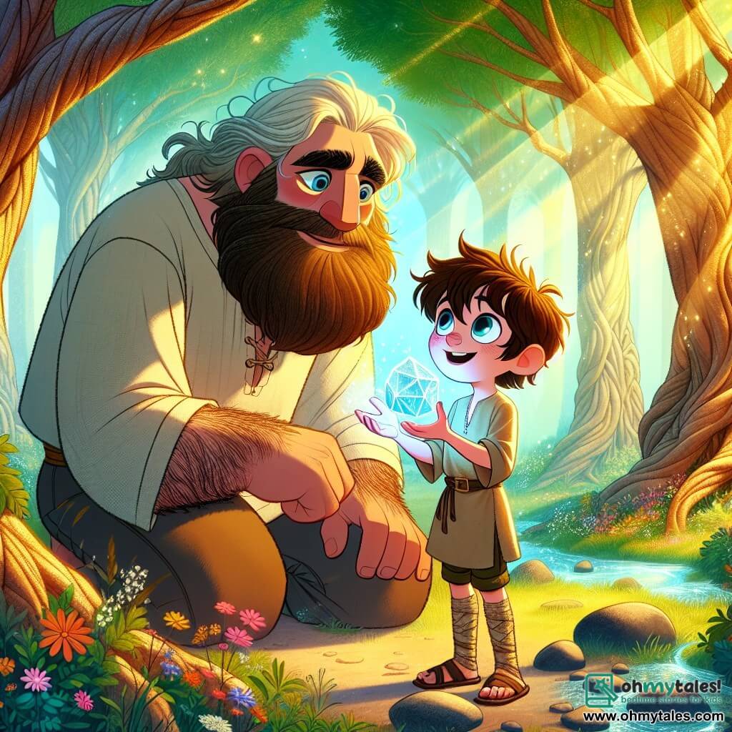 Little Thumb, a boy with tousled chestnut hair and sparkling curious eyes, stands at the center of the scene, a look of wonder lighting up his face. He wears a simple canvas tunic and worn sandals, while holding a shimmering holographic map in his small hands. Beside him, Goliath, a giant with a gentle and kind face, a bushy beard, and star-like bright eyes, crouches down to be at Little Thumb's level, listening attentively with a protective expression. The setting is an enchanted forest with majestic trees and vibrant green leaves filtering the golden sunlight. Colorful flowers dot the ground, and a crystal-clear stream winds through the tree roots, adding a touch of magic to the environment. The main situation shows Little Thumb discovering the holographic map that spreads out before him, illuminating his face with wonder, while Goliath encourages him with a warm smile, ready to assist him in his adventure.