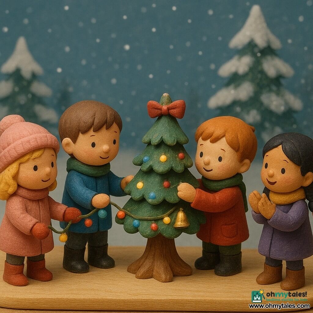 There are four children: A girl named Lily, about 6 years old, with curly blonde hair, wearing a pink hat and red mittens, holding Tom's hand. A boy named Tom, about 6 years old, with short brown hair, wearing a blue coat and black boots, holding a string of lights in the other hand. A boy named Ben, about 5 years old, with messy red hair, wearing a green scarf and a red coat, hanging a small golden bell on the tree. A girl named May, about 5 years old, with black braided hair, wearing a purple coat and a yellow scarf, clapping joyfully near Ben. The setting is a snowy garden with trees covered in glistening snow. A small fir tree stands in the center, decorated with colorful lights and a red bow. The main scene shows the children decorating the tree with expressions of joy and focus. Snow falls gently around them, creating a magical and festive atmosphere.