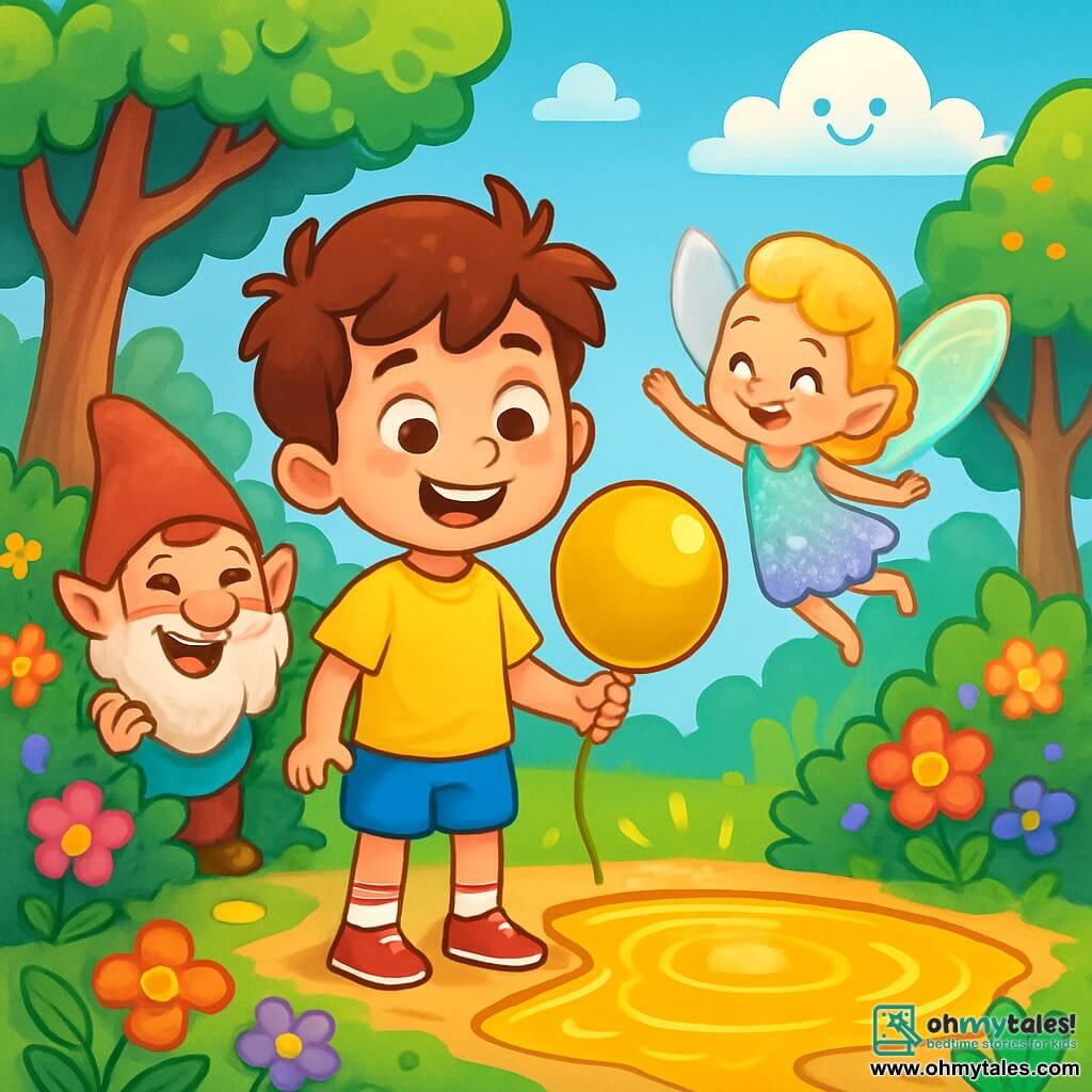 A 6-year-old boy named Oliver, with messy brown hair and sparkling curious eyes, stands at the edge of a Puddle of Positivity. He has a big smile on his face, showing his excitement and wonder. He wears a bright yellow t-shirt and blue shorts, holding a golden balloon in one hand. Next to him, a small fairy with iridescent wings and a shimmering pastel dress joyfully flies, encouraging Oliver with enthusiastic gestures. In the background, a funny gnome named Tiddlywink, with a red pointed hat and a bushy beard, hides behind a flowering bush, laughing heartily. He has mischievous eyes and wears colorful clothes resembling leaves. The scene is set in an enchanted clearing surrounded by twisted trees and brightly colored singing flowers. The sky is bright blue with smile-shaped clouds, and the Puddle of Positivity shines with a golden light, reflecting the vivid colors of the scene. The main situation shows Oliver, amazed, discovering the golden balloon at the edge of the Puddle of Positivity, while the fairy and the gnome encourage him in his quest to find the mysterious unicorn.