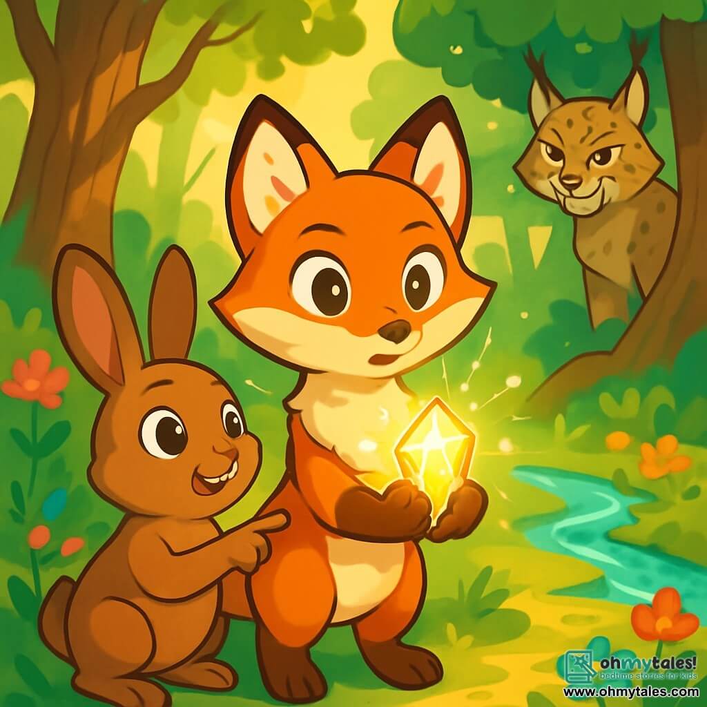 Liora, a young fox with vibrant fur and sparkling curious eyes, stands at the center of the image, her expression determined and hopeful. She holds a glowing crystal in her paws, surrounded by a shimmering magical aura. Beside her, Thistle, a small brown rabbit with big ears, looks at Liora with admiration, his round bright eyes wide as he enthusiastically points at the crystal. The setting is a lush forest bathed in golden light, with majestic trees and vibrant green leaves. Colorful flowers dot the ground, and a sparkling stream winds through the landscape. The main situation shows Liora ready to face a cunning lynx, Maro, who stands back with narrowed eyes and a mischievous smile, prepared to thwart her plans. The atmosphere is tense and exciting, with beams of light filtering through the branches, illuminating the magical scene.