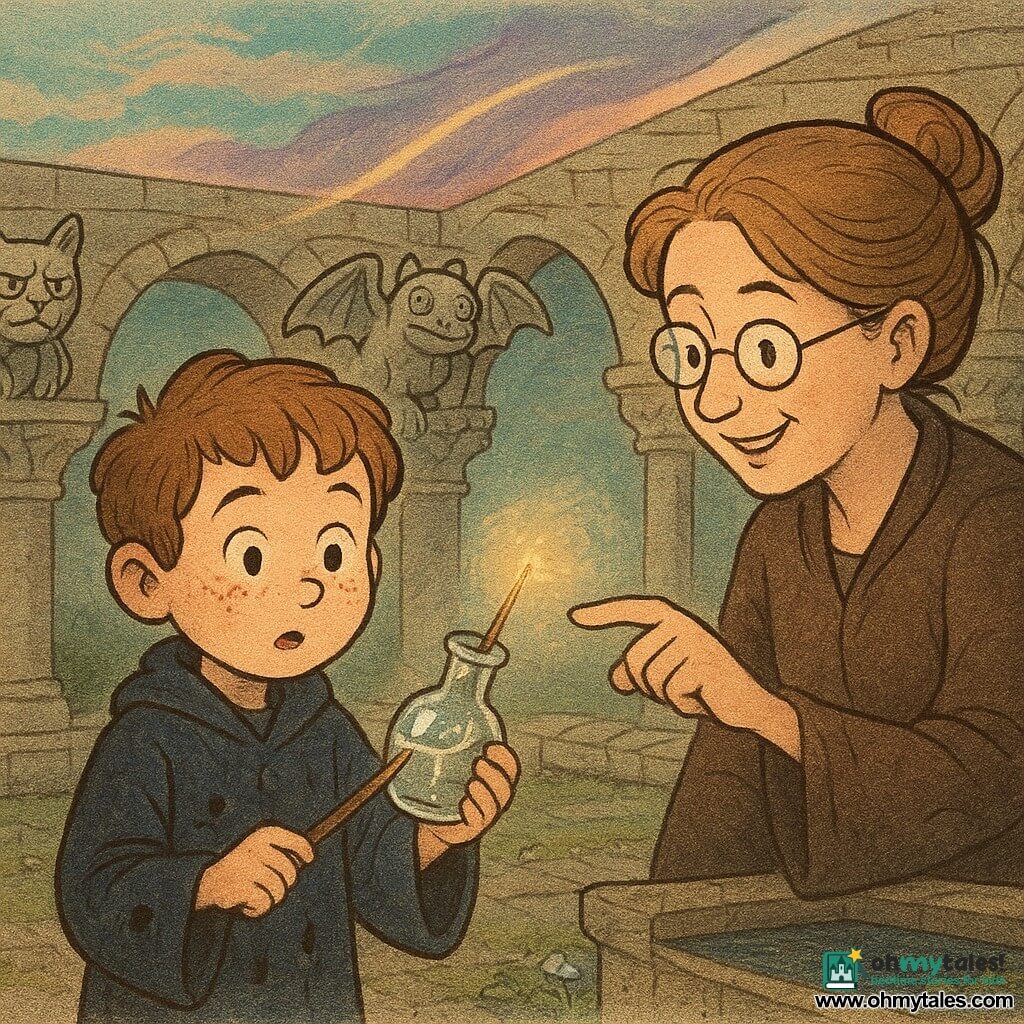Milo, about eight, a freckled apprentice wizard in a short navy robe stained with ink, holds a cracked glass vial glowing with silver ink as his worried eyes turn to wonder; Mistress Brine, the kindly grimoire keeper with a loose bun and glasses on her nose, stands beside him pointing to the crack with a finger dusted in silver. Stone gargoyles—a grumpy cat, a winged frog, and a smiling loaf—perch on the arches, one dropping a drop into a basin. The square stone cloister has round arches, dark reflecting pools, green moss and bell flowers, and a floor dusted with sparkling powder. Above, the sky swirls mint, lavender, and peach with a thin shiny streak like an ink ray. Main scene: Milo concentrates and casts a gentle repair charm with a short wand as a golden needle of light sews the crack while Mistress Brine encourages, the gargoyles watch, and the sky responds in soft, warm wonder.