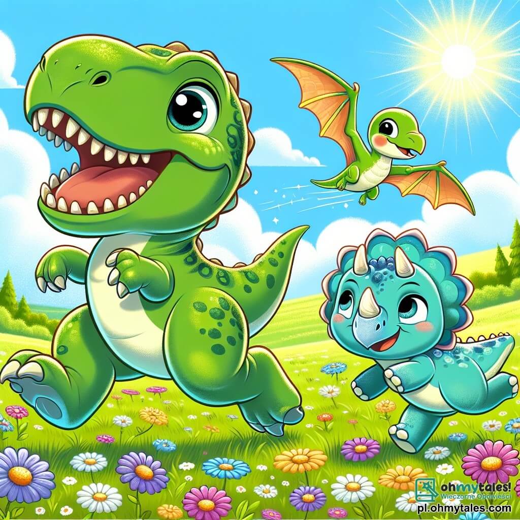 Tyrannosaurus Rex o imieniu Tobi, z jaskrawo zieloną skórą i dużymi okrągłymi oczami, wyraża ogromną radość, biegając po słonecznej łące, a jego małe ramiona radośnie machają. Obok niego skacze mały triceratops o imieniu Tina, z trzema rogami na głowie i jasnoniebieską skórą, jej oczy błyszczą z ekscytacji. Nad nimi krąży pterodaktyl o imieniu Piko, z kolorowymi skrzydłami i figlarnym uśmiechem, dodając magii do sceny. Tło stanowi rozległa, zielona łąka, usiana kolorowymi kwiatami, z jasnoniebieskim niebem i puszystymi chmurami delikatnie unoszącymi się. Tobi, Tina i Piko bawią się razem, biegając i grając pod słońcem, ilustrując radosną przyjaźń między tymi dinozaurami w tętniącym życiem prehistorycznym świecie.