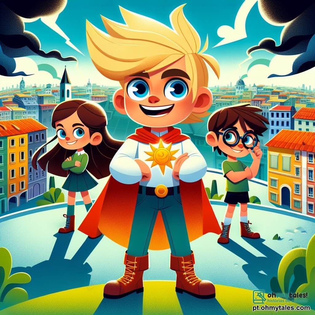 Um super-herói chamado Vento Veloz, um homem com cabelos dourados brilhantes como o sol e olhos azuis cintilantes, está orgulhosamente no topo de um prédio. Ele usa uma capa vermelha que flutua atrás dele, e seu rosto expressa uma determinação alegre. Ao seu lado, sua melhor amiga, a Doutora Luz, uma mulher de cerca de trinta anos com óculos redondos e cabelo castanho preso, ajusta seus óculos enquanto observa o céu, pronta para ajudar. Abaixo, Forte Gigante, um garoto forte de cerca de 10 anos com músculos salientes e um sorriso confiante, está pronto para a ação, com os braços cruzados, observando as sombras que se movem na rua. O cenário se passa em uma cidade animada, com edifícios coloridos, árvores verdes e um céu azul começando a se cobrir de nuvens escuras. A situação principal mostra Vento Veloz, determinado a salvar a cidade das sombras misteriosas, enquanto seus amigos se preparam para ajudá-lo nesta emocionante aventura.