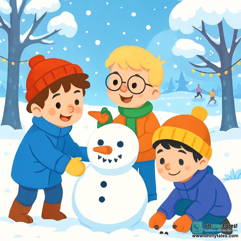 There are 3 characters: Max, an 8-year-old boy with messy brown hair and rosy cheeks, wearing a big blue coat, a red hat, and yellow gloves, is rolling a snowball to build a snowman. Leo, a 7-year-old boy with blond hair and round glasses, dressed in a green scarf and an orange jacket, stands next to Max, smiling and holding a carrot for the snowman's nose. Sam, an 8-year-old boy with black hair and freckles, wearing a purple coat and a pom-pom hat, is crouching down, picking up small stones for the snowman's eyes. The setting is a magical winter park, with snow-covered trees, a light blue sky, and softly falling snowflakes. In the distance, there is an ice rink where other children are skating. String lights decorate the tree branches, adding a touch of magic to the scene. The main situation shows the three friends joyfully building a snowman, laughing and having fun together, surrounded by winter beauty.