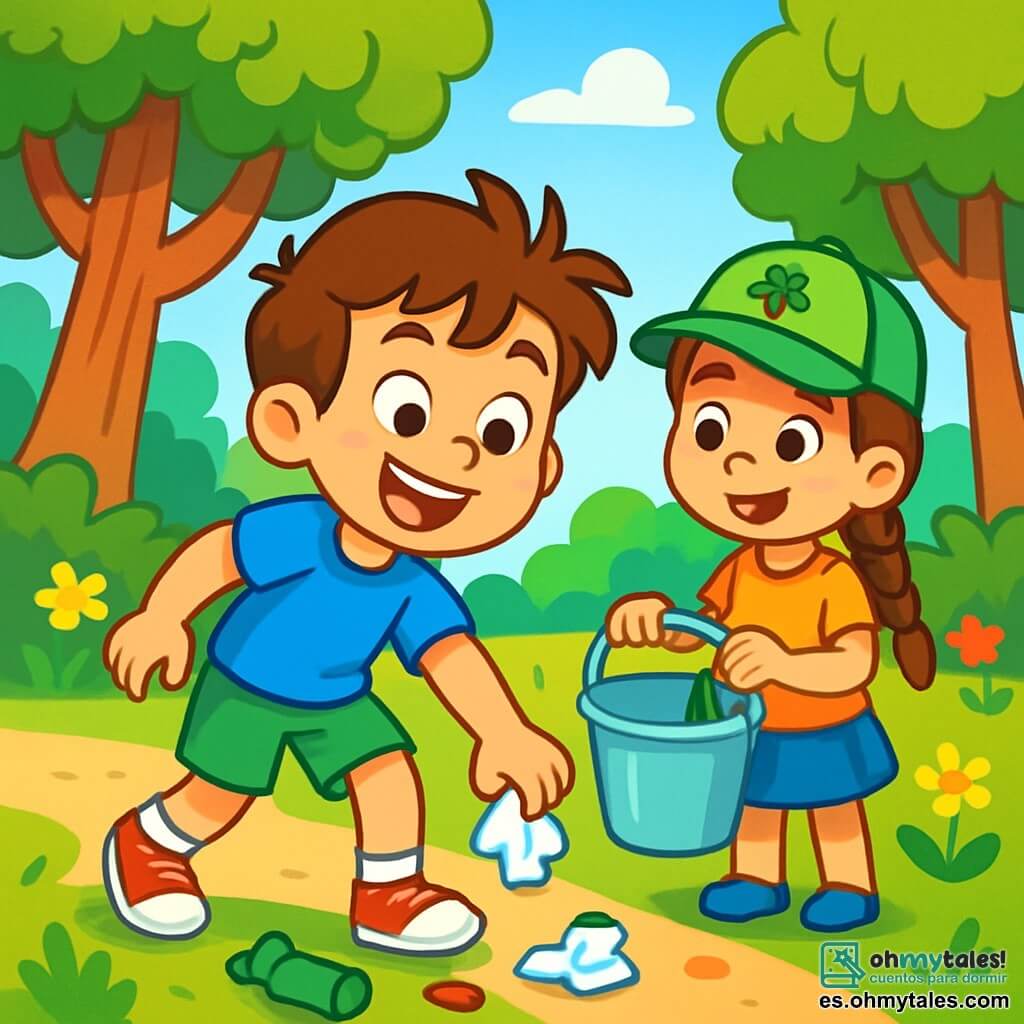Un niño de 8 años, Tomás, con el cabello castaño despeinado y una gran sonrisa alegre, lleva una camiseta azul y un pantalón corto verde. Está recogiendo basura en un parque soleado, con una expresión decidida y entusiasta en su rostro. A su lado, su mejor amiga Lucía, una niña de 7 años con el cabello largo y trenzado, que lleva una gorra verde decorada con un árbol, lo anima sosteniendo un pequeño cubo para la basura. El parque está lleno de grandes árboles con follaje exuberante, flores coloridas y un cielo azul brillante, creando una atmósfera alegre y vibrante. La escena principal muestra a Tomás y Lucía en plena acción, recogiendo basura para hacer su parque más limpio, rodeados de risas de niños y la belleza de la naturaleza.