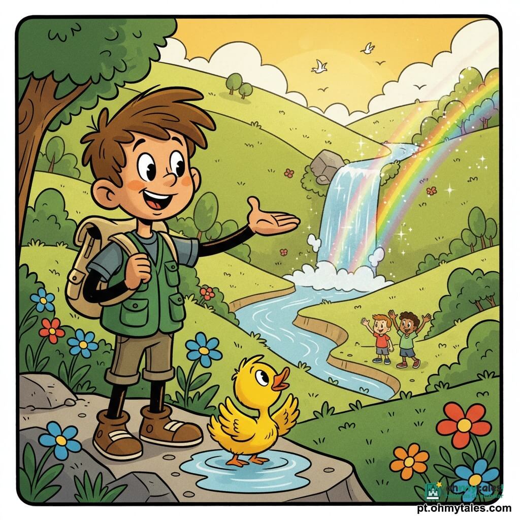 Lucas, um jovem explorador sorridente e maravilhado, cabelo castanho despenteado, veste jaqueta verde com bolsos e mochila de lona bege, estende a mão para a cachoeira do vale abaixo; ao seu lado, um pequeno pato amarelo de plumagem macia, batendo asas e nadando numa poça em primeiro plano como amigo fiel; no topo de um promontório rochoso sobre um amplo vale verde com relva ondulada, flores azuis, rosas e laranja, rio sinuoso e grande cachoeira cintilante formando arco-íris na bruma; cena com luz dourada do sol após a subida, atmosfera de aventura tranquila, contrastes nítidos, cores saturadas e fundo detalhado com árvores estilizadas e pequenos pássaros em voo.