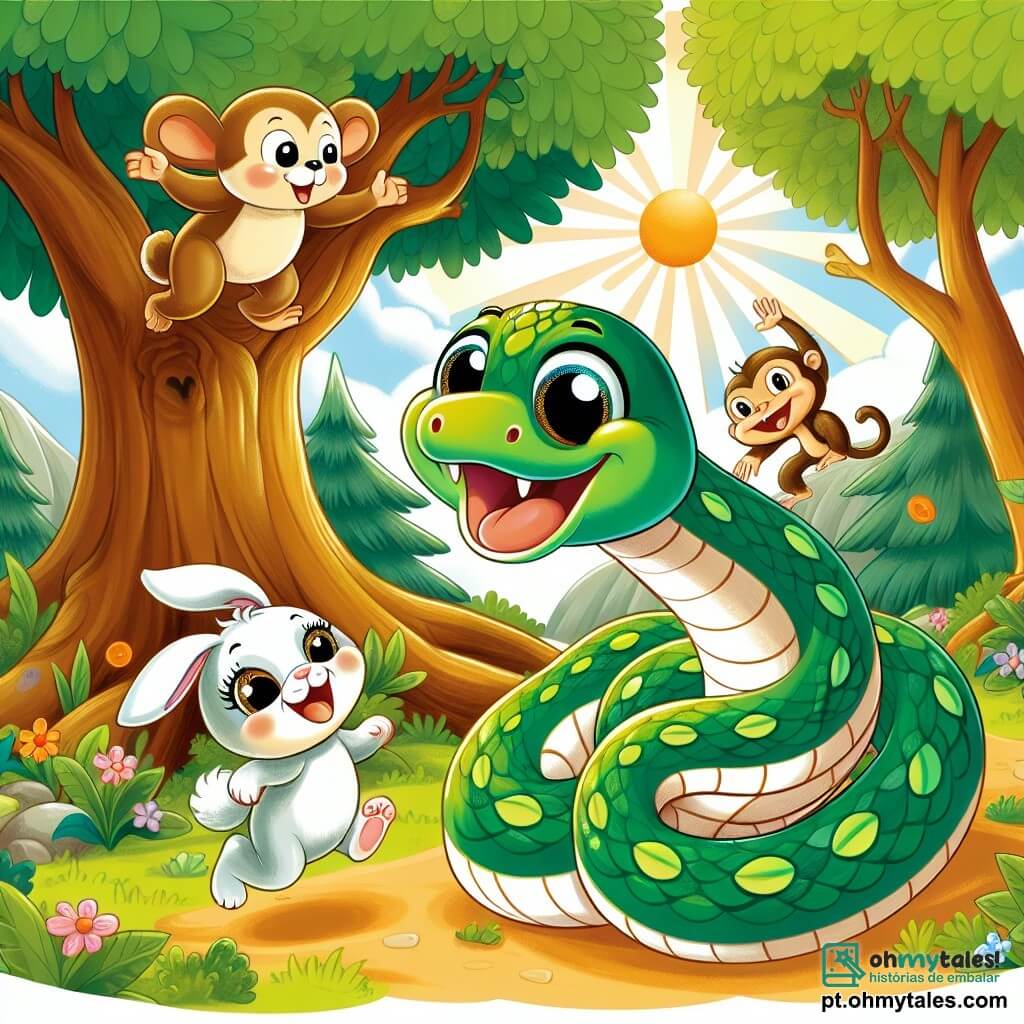 Um serpente chamado Sussu, com escamas verdes brilhantes e olhos cintilantes de curiosidade, desliza alegremente ao redor de uma grande árvore, exibindo um largo sorriso. Ao lado dele, um travesso coelhinho chamado Pipo, com grandes orelhas e pelagem branca, salta com entusiasmo, seus olhos redondos cheios de excitação. Um macaco travesso chamado Tico, com pelagem marrom e um rabo longo, balança de um galho para o outro, rindo e se divertindo com seus amigos. Eles estão em uma clareira ensolarada, cercada por árvores majestosas e flores coloridas, onde a luz do sol filtra através das folhas. A cena mostra Sussu, Pipo e Tico brincando juntos, cheios de alegria e risadas, criando uma atmosfera de camaradagem e aventura.