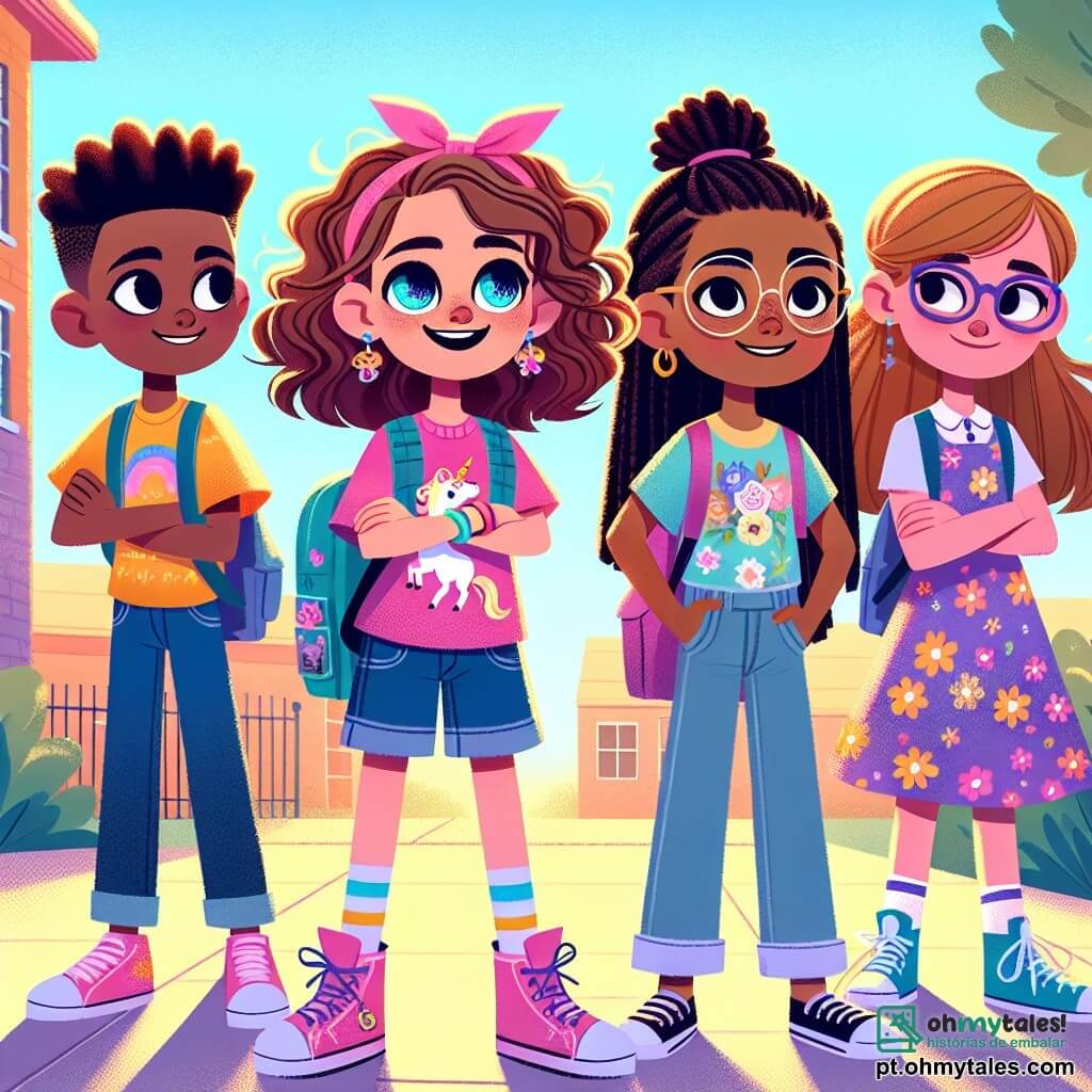 Em um pátio ensolarado da escola, quatro personagens principais estão no centro da imagem. Sofia, uma menina de 8 anos com cabelos cacheados e olhos brilhantes, usa uma camiseta rosa com um padrão de unicórnio e um short jeans. Ela sorri com determinação, de braços cruzados, pronta para defender sua amiga. Clara, também de 8 anos, tem cabelos loiros trançados e óculos redondos, vestindo um vestido florido e ao lado de Sofia, confiante e disposta a apoiar. Lúcia, outra menina de 8 anos com cabelos lisos e um laço vermelho, usa uma camiseta azul e calças leves, olhando Sofia com admiração e pronta para agir. Ana, uma menina de 8 anos com cabelos castanhos e olhos tristes, veste um suéter roxo e está um pouco afastada, mas seu rosto expressa esperança e gratidão por suas amigas. O pátio da escola é vibrante, com árvores verdes e brinquedos ao fundo, enquanto crianças brincam e riem, e um grupo de meninas à parte ri de forma zombeteira. A cena principal mostra Sofia, Clara e Lúcia se aproximando de Ana para oferecer apoio, contrastando a solidariedade com o bullying, enquanto as expressões dos personagens transmitem determinação, amizade e esperança.