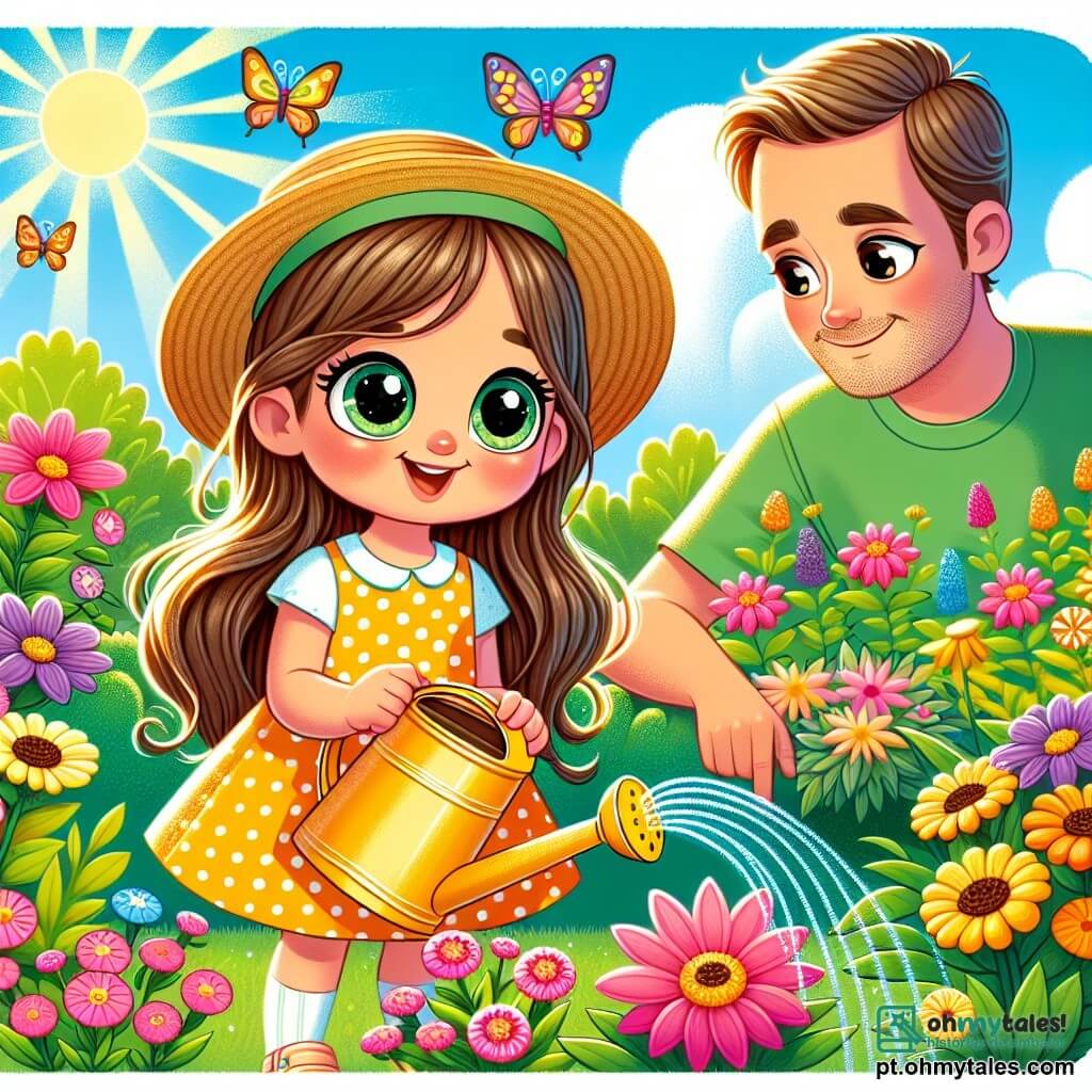 Uma menina de 4 anos, com longos cabelos castanhos e olhos curiosos, rega flores coloridas em um jardim ensolarado. Ela usa um vestido amarelo com bolinhas e um chapéu de palha, exibindo um grande sorriso. Ao lado dela, seu pai, um homem na casa dos trinta anos, com uma barba leve e uma camiseta verde, a observa com orgulho enquanto segura um regador. Eles estão em um jardim exuberante, cheio de flores vibrantes, borboletas e um céu azul claro. A menina, concentrada e feliz, rega delicadamente as plantas, enquanto seu pai lhe explica a importância de cuidar da natureza.
