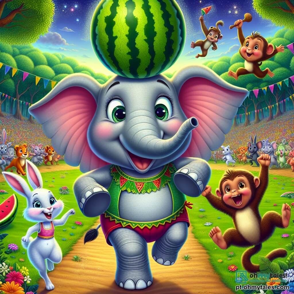 Um elefante alegre chamado Trombadinha, com pele cinza e grandes orelhas, está no centro da cena, sorrindo amplamente e segurando uma melancia na cabeça, pronto para correr em uma corrida divertida. À sua direita, uma coelhinha charmosa chamada Cacilda, com pelagem branca e grandes orelhas, salta de alegria, seus olhos brilhando de excitação. À esquerda, um macaco travesso chamado Chiquinho, com pelagem marrom e uma cauda longa, está pendurado em um galho, rindo e incentivando Trombadinha. Ao fundo, uma clareira verdejante da floresta encantada, cheia de árvores coloridas, flores vibrantes e outros animais reunidos para o Grande Jogo, cria uma atmosfera festiva e alegre. A cena captura o momento em que Trombadinha se lança para começar a corrida, com uma expressão determinada e divertida, enquanto seus amigos o incentivam com entusiasmo.