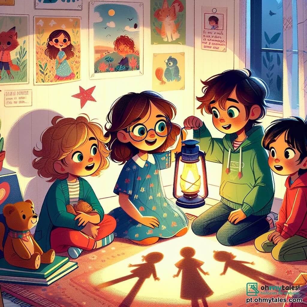 Em um quarto acolhedor, quatro amigos se reúnem. Ana, uma menina de 8 anos com longos cabelos castanhos e óculos redondos, segura uma lanterna brilhante que ilumina seu rosto sorridente. Ao lado dela, Miguel, um garoto de 9 anos com cabelos loiros bagunçados e uma camiseta vermelha, observa as sombras projetadas na parede com admiração. Lúcia, uma menina de 7 anos com cabelos cacheados e um vestido azul, aponta para as formas dançantes na parede, com os olhos arregalados de alegria. Por fim, João, um garoto de 8 anos com cabelos negros e um moletom verde, está sentado de pernas cruzadas, ouvindo atentamente as histórias que seus amigos contam. O quarto é decorado com pôsteres coloridos e pelúcias, com um tapete macio no chão. As paredes são pintadas de amarelo suave, e uma janela deixa passar a luz da lua, criando uma atmosfera mágica. Os quatro amigos, reunidos ao redor da luz da lanterna, compartilham histórias de coragem para superar o medo do escuro, transformando a escuridão em um mundo de aventuras e risadas.