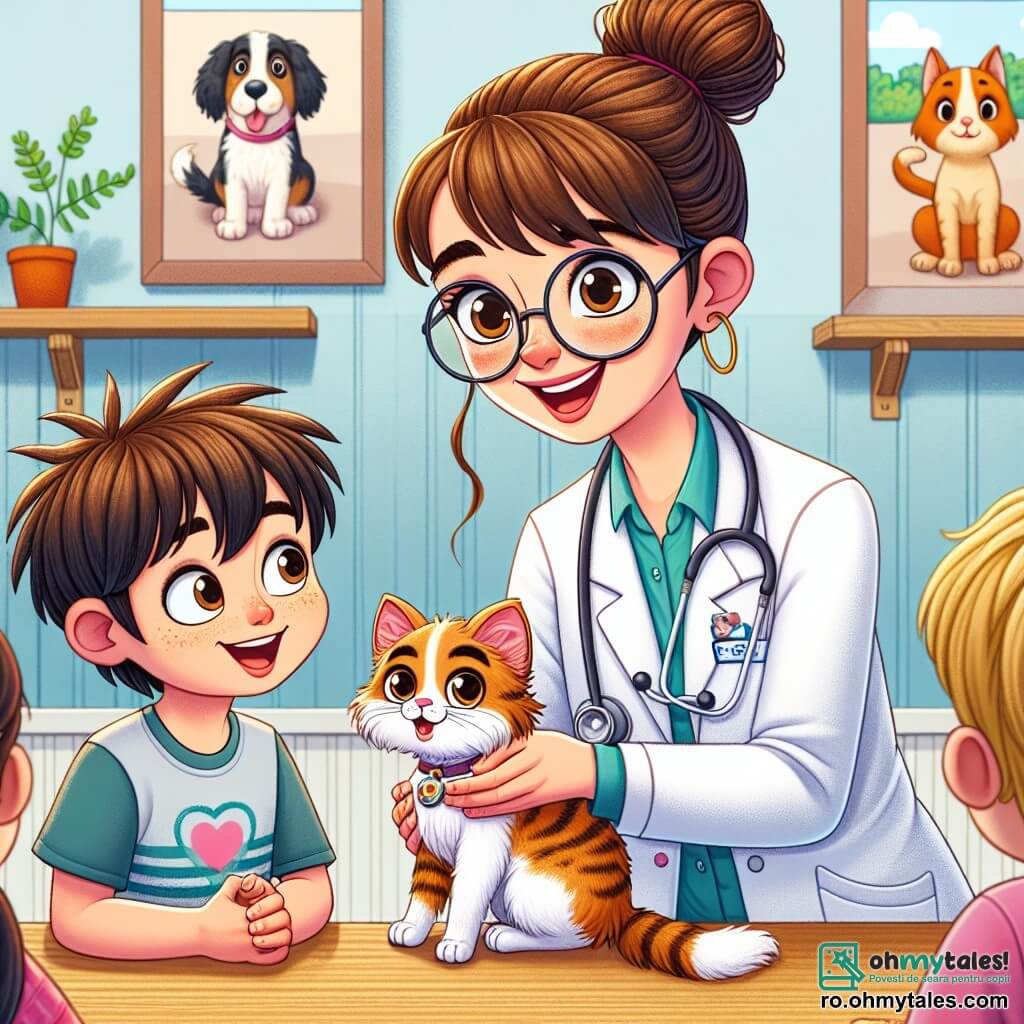 Veterinara, doctorița Ani, este o femeie zâmbitoare de aproximativ treize ani, cu părul brun prins într-un coc și ochelari rotunzi. Poartă un halat alb și un stetoscop în jurul gâtului, în timp ce se apleacă cu blândețe pentru a mângâia o pisicuță portocalie, Mia, care ronțăie de fericire. Lângă ea, un băiat pe nume Matei, în vârstă de 8 ani, are ochii mari de uimire. Are părul negru zbârlit și poartă un tricou albastru cu un model de câine. Ține în mâini o jucărie în formă de câine, observând cu atenție scena. Locul este o clasă luminoasă, decorată cu desene colorate de animale agățate pe pereți, cu feronerie care lasă să intre lumina soarelui și mese din lemn unde stau alți copii, toți captivați de prezentarea lui Ani. Situația principală o arată pe Ani explicând copiilor importanța medicilor veterinari, interacționând cu pisica Mia, creând o atmosferă veselă și educativă, în care copiii învață să iubească și să respecte animalele.