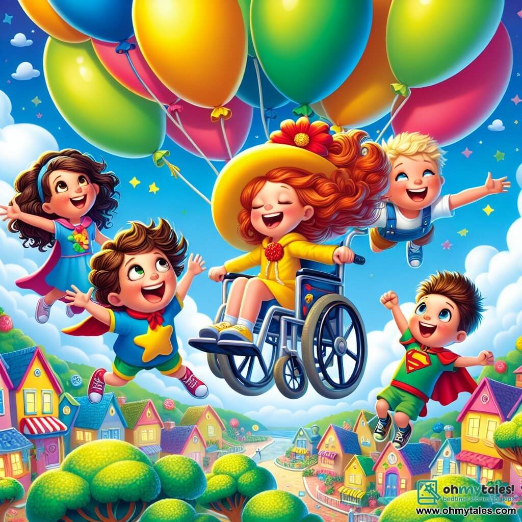 Four joyful friends are floating in the sky on colorful balloons. On the left, Lily, an 8-year-old girl with a yellow hat adorned with a large red flower, is laughing with her brown hair blowing in the wind. Next to her, Clara, a 9-year-old girl with curly hair and a shiny wheelchair, smiles while holding her blue balloon tightly. In the center, Ruby, a 7-year-old girl with messy orange hair, dances on her red balloon, arms raised to the sky. Finally, on the right, Max, an 8-year-old boy in a superhero cape, makes faces while floating on his green balloon, ready for an adventure. The backdrop features a bright blue sky dotted with fluffy clouds, and below is the village of Gigglewood, resembling a candy landscape with colorful houses and broccoli-shaped trees. The four friends are having fun floating together, laughing and dancing on their balloons, creating a magical and humorous scene.