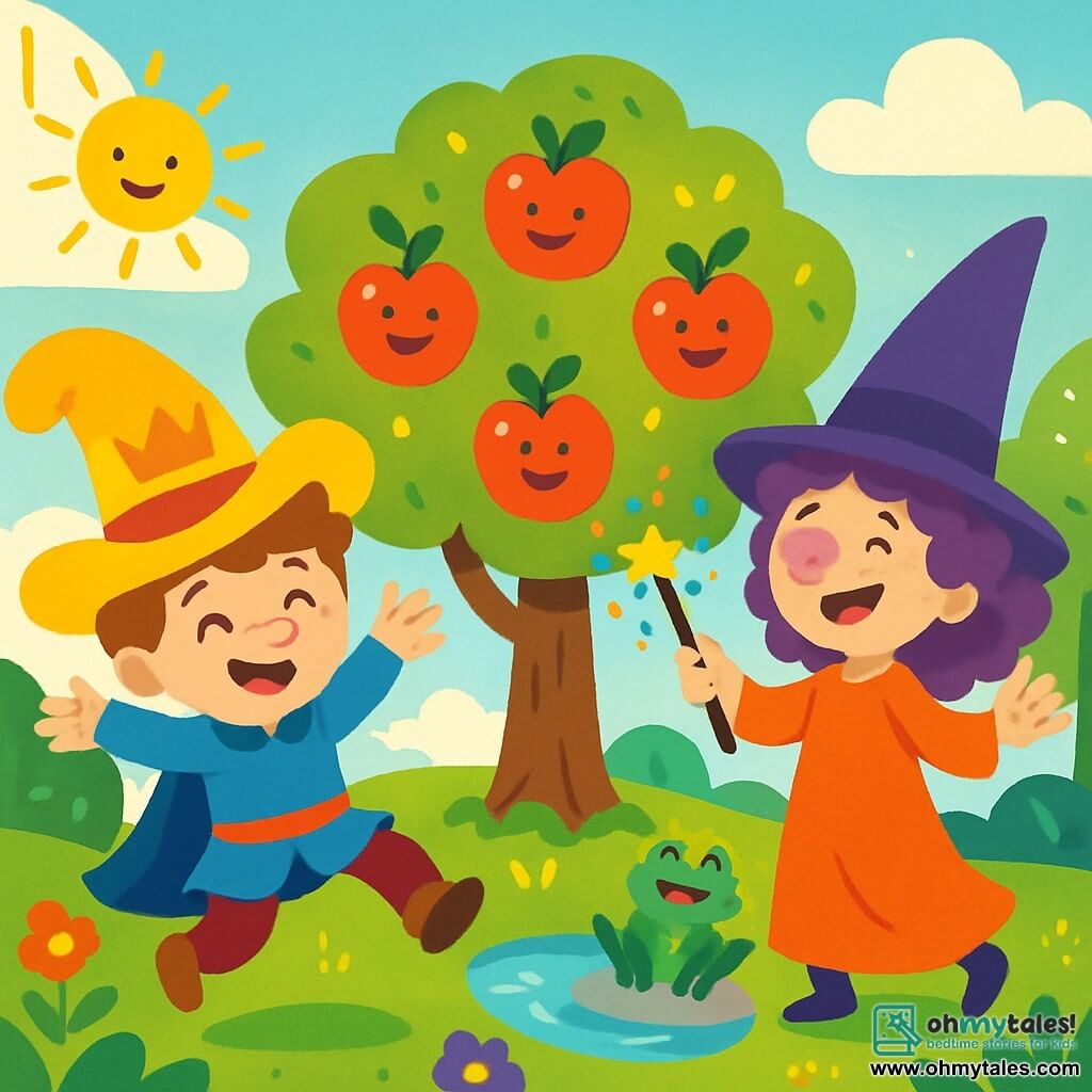 A smiling prince, Benny, wearing a funny large hat and a blue tunic, joyfully jumps on Enchanted Island, his eyes sparkling with happiness. Next to him, a playful witch, Wanda, about 30 years old, with a purple nose and curly hair, laughs while waving her magic wand, creating colorful sparks around them. The setting is a magical island with shimmering trees, multicolored flowers, and a sunny sky dotted with fluffy clouds. In the center, a large tree with dancing apples catches attention, while a small pond nearby reflects sunlight, with a singing frog on a rock. The scene shows Benny and Wanda playing together, laughing and jumping around the tree as the apples dance joyfully and the frog sings a catchy tune.