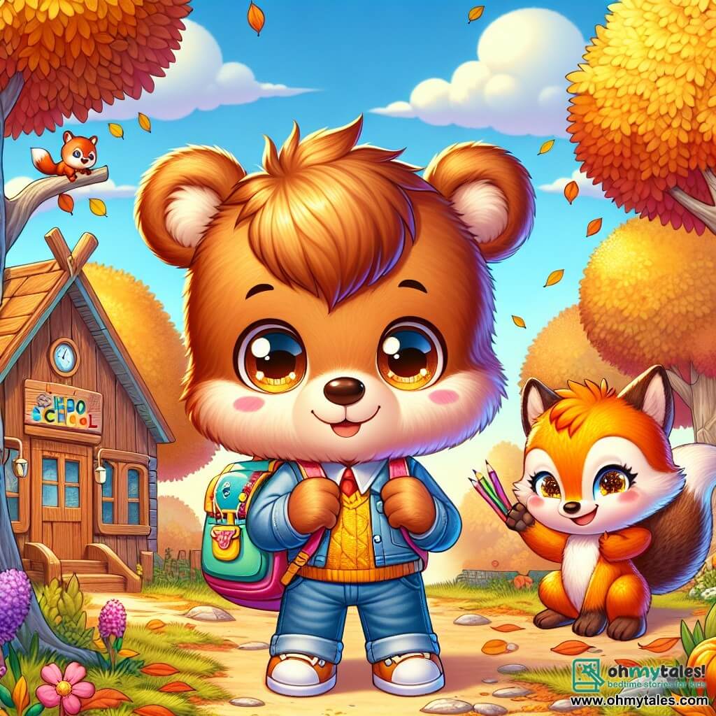An illustration depicts a teddy bear, a young boy with soft brown fur and bright round eyes, wearing a small colorful backpack. He shows an expression of excitement mixed with slight stress, standing in front of a wooden school entrance surrounded by tall trees with golden leaves. Next to him is a small fox, a girl with bright orange fur, mischievous eyes, and a bushy tail, smiling enthusiastically while holding a book under her arm. A squirrel, a boy with sparkling eyes and gray fur, is perched on a branch, waving a paw to greet his friend with a joyful expression. The main setting is a rustic wooden school surrounded by tall trees in autumn colors, with falling leaves and colorful flowers decorating the path to the entrance. The sky is blue with a few white clouds, creating a warm and welcoming atmosphere. The main scene shows the young bear preparing to enter school for the first time, surrounded by friends encouraging him with smiles and friendly gestures. Colored pencils and books are scattered around, symbolizing the start of a new school year full of adventures. Other graphic elements include colorful balloons floating in the air, a "Welcome to School" sign decorated with animal drawings, and children joyfully playing in the background, creating a festive and friendly atmosphere.