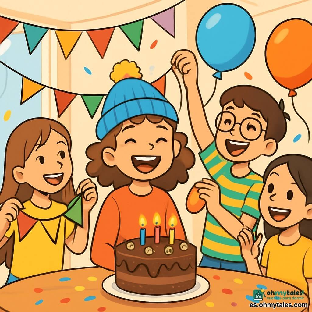 Una niña de 12 años, Clara, con cabello castaño rizado, lleva un sombrero azul con pompones amarillos y una gran sonrisa de emoción. Está rodeada de sus amigos, todos alegres y comprometidos en los preparativos de su fiesta de cumpleaños. A su lado, Lila, una niña de 11 años con cabello largo y liso, sostiene una guirnalda colorida, con ojos brillantes de felicidad. Mateo, un niño de 12 años con gafas y una camiseta a rayas, se prepara para colgar un globo, riendo con entusiasmo. La escena transcurre en una sala luminosa, decorada con guirnaldas multicolores y globos flotantes, con una gran mesa en el centro adornada con un magnífico pastel de chocolate, rodeado de confeti brillante. Clara y sus amigos decoran la habitación para la fiesta, riendo y compartiendo ideas, mientras una suave brisa hace danzar las decoraciones. La atmósfera está llena de alegría y anticipación, capturando el espíritu de una fiesta de cumpleaños llena de camaradería y creatividad.