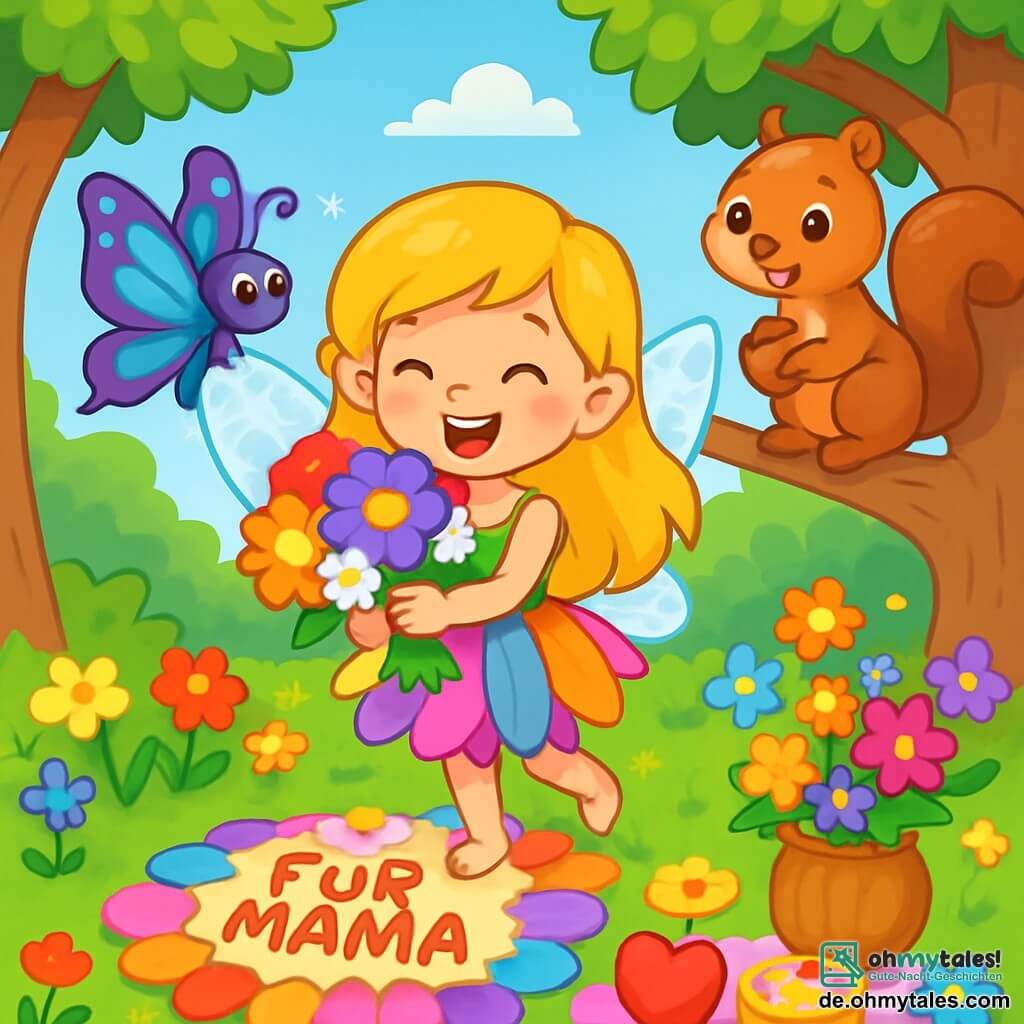 Eine kleine Fee namens Flora mit funkelnden Flügeln und goldenen Haaren lächelt fröhlich, während sie einen wunderschönen Strauß bunter Blumen hält. Sie trägt ein Kleid aus bunten Blütenblättern und strahlt vor Aufregung. Neben ihr fliegt Flitzy, ein Schmetterling mit leuchtend blauen und violetten Flügeln, um sie herum und zeigt einen verspielten Gesichtsausdruck. Brumble, ein Eichhörnchen mit braunem Fell und funkelnden Augen, sitzt auf einem Ast, hält eine kleine Nuss und beobachtet sie mit einem verschwörerischen Lächeln. Die Szenerie ist eine verzauberte Lichtung, umgeben von majestätischen Bäumen mit leuchtend grünen Blättern und wilden Blumen in lebhaften Farben, die im Wind tanzen. In der Mitte liegt eine sanfte Decke aus Blütenblättern, geschmückt mit köstlichen Leckereien und einer Nussvase voller Blumen. Die Szene zeigt Flora, Flitzy und Brumble, die ein magisches Picknick zum Muttertag vorbereiten, voller Freude und Liebe, bereit, diesen besonderen Moment gemeinsam zu feiern.