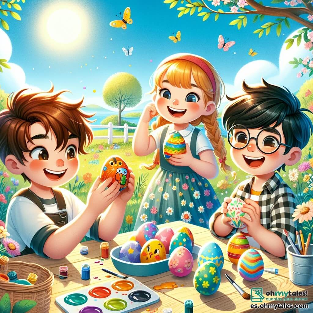 En un bonito jardín soleado, cuatro niños están reunidos alrededor de una gran mesa de madera, cubierta de pinturas coloridas y huevos de Pascua. Mateo, un niño de diez años con cabello castaño desordenado y una gorra roja, sonríe mientras sostiene un huevo decorado como un pequeño planeta. A su lado, Ana, una niña de nueve años con trenzas rubias y un vestido de flores, muestra orgullosamente su huevo arcoíris. Lucas, un niño de diez años con gafas redondas y una camisa a cuadros, ríe mientras presenta su huevo en forma de dinosaurio. Finalmente, Carlos, un niño de ocho años con cabello negro y mucha energía, sostiene un huevo decorado con tréboles de cuatro hojas, diciendo que es su huevo de la suerte. El jardín está lleno de flores coloridas, mariposas revoloteando y un cielo azul brillante, creando un ambiente alegre y festivo. Los niños, rodeados de risas y creatividad, muestran sus creaciones con entusiasmo, listos para compartir su magia de Pascua.