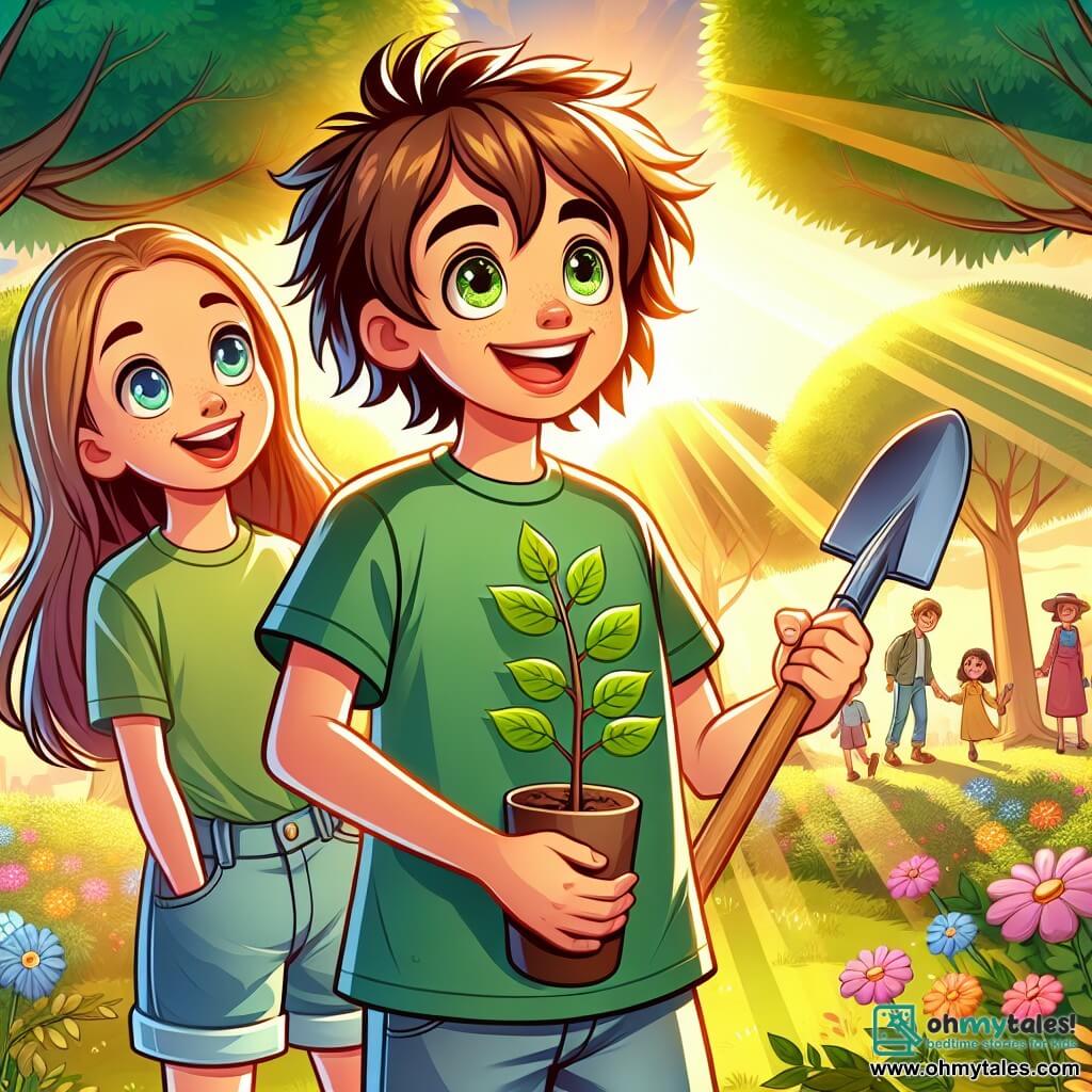 A 12-year-old boy with messy brown hair and sparkling eyes stands at the center of the image, smiling widely while holding a shovel in one hand and a young tree in the other. Next to him is a 12-year-old girl with long blonde hair, wearing a green t-shirt and denim shorts, enthusiastically watching the boy, ready to help plant the tree. In the background, a lush park bathed in golden sunlight features majestic trees and colorful flowers, with families strolling and children playing joyfully. The scene depicts the boy and girl planting a tree, symbolizing their commitment to protecting nature and combating climate change, surrounded by laughter and camaraderie.