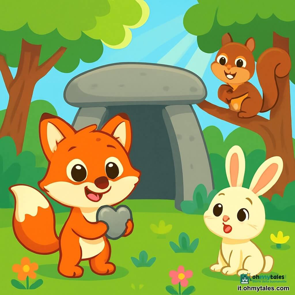 Un piccolo volpe vivace e birichino, di nome Fufi, con un pelliccia arancione brillante e una coda folta, si trova davanti a un grande dolmen di pietra grigia, con gli occhi brillanti di eccitazione e un ampio sorriso sul viso. Tiene tra le zampe una piccola pietra a forma di cuore, appena trovata, e guarda con meraviglia il misterioso dolmen. Nelle vicinanze, uno scoiattolo gioioso dagli occhi scintillanti e pelo marrone, di nome Squeaky, scala un ramo basso, osservando Fufi con un sorriso curioso, mentre tiene una nocciola tra le piccole zampe. Un adorabile coniglio dalle grandi orecchie bianche, chiamato Lila, è seduto sull'erba verde, con gli occhi spalancati per la meraviglia, aspettando che Fufi scopra il tesoro nascosto. La scena si svolge in una foresta incantata, circondata da alberi maestosi con foglie verdi lussureggianti e fiori colorati che punteggiano il terreno, creando un'atmosfera magica e gioiosa. Raggi di sole filtrano attraverso i rami, illuminando il dolmen e aggiungendo un tocco di mistero all'avventura. Fufi, pieno di entusiasmo, si prepara a esplorare il dolmen alla ricerca di un tesoro nascosto, mentre Squeaky e Lila lo incoraggiano con espressioni di eccitazione e impazienza, pronti a condividere questa incredibile scoperta.