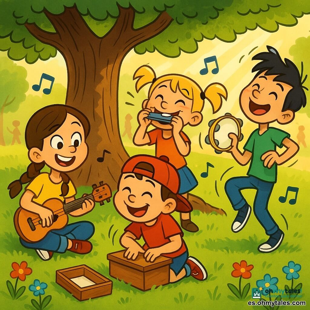 Niños de 10 años: Lucía, alegre y traviesa, trenza castaña, intenta tocar al revés una pequeña guitarra sentada en la hierba; Marcos, cara redonda y sonrisa pícaro, gorra roja al revés, golpea con entusiasmo una caja rítmica; Clara, coletas rubias y ojos vivaces, sopla al revés una armónica riendo junto a Lucía; Pablo, pelo negro despeinado y camiseta verde, agita una pandereta y hace un paso de baile gracioso hacia atrás. Ambientación: rincón musical del parque bajo un gran roble con raíces a la vista, césped verde, flores rojas y azules, sol cálido y algunos paseantes difuminados; situación: grupo de amigos tocando música de forma caótica y alegre, instrumentos al revés y una pequeña caja de madera abierta al pie del árbol con un cuaderno blanco visible.