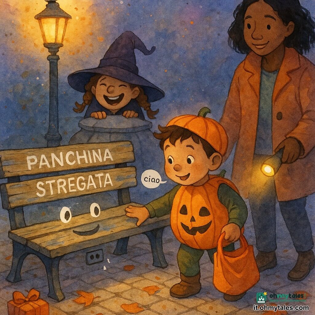 Un bambino di 4 anni, curiosamente gioioso, in costume di zucca arancione con cappello storto, guance rotonde e occhi brillanti, tiene un sacchetto di stoffa arancione e sfiora una vecchia panchina di legno; una bambina di circa 4 anni, Nina, maliziosa e ridens, vestita da streghetta con cappello cadente e treccie, è dietro la fontana mostrando un piccolo altoparlante nascosto; la madre di circa 30 anni, dolce e orgogliosa, con un cappotto caldo tiene la mano del bambino e una torcia gialla che emette luce calda; la panchina, con insegna “PANCHINA STREGATA”, doghe consumate, vernice scrostata e occhi dipinti in bianco come un volto amichevole, sembra dire ciao tramite un altoparlante sotto una doga; la piazzetta lastricata ha una fontana rotonda con acqua gorgogliante, un lampione antico a luce gialla, foglie morte arancioni e rosse a terra e un pacchetto regalo arancione sotto il lampione; scena di notte di Halloween dolce e non spaventosa, il bambino ammira la panchina parlante, la streghetta ride dietro la fontana, la madre illumina la scena; atmosfera calda con colori dominanti arancione, viola tenue e blu notte, texture acquerello e leggere schizzi di luce.