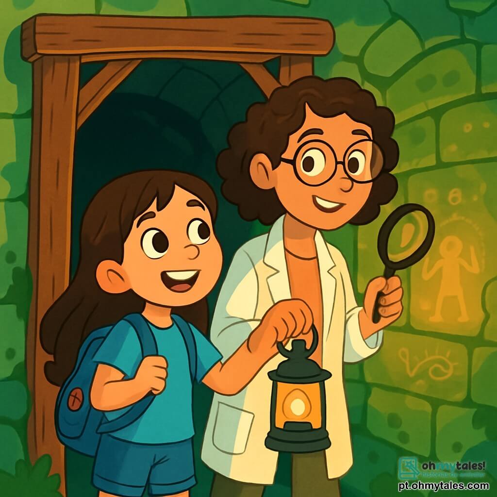 Uma jovem exploradora, Lara, uma menina de 8 anos, com longos cabelos castanhos e olhos brilhantes de curiosidade, está em frente a um velho pórtico de madeira, com o rosto iluminado pela excitação. Ela veste uma camiseta azul vibrante, um short jeans e uma pequena mochila azul cheia de ferramentas de exploração. Ao lado dela, a doutora Sofia, uma mulher de cerca de 30 anos com cabelos cacheados e óculos redondos, sorri gentilmente enquanto segura uma lupa, observando os detalhes das antigas paredes. O local é um túnel misterioso, com paredes de pedra cobertas de musgo verde, sombras dançantes criadas pela luz de suas lanternas e desenhos antigos gravados na pedra, iluminados por uma suave luz dourada. A cena principal mostra Lara e Sofia, prontas para entrar no túnel secreto, com lanternas acesas, cercadas por um ar de aventura e mistério, enquanto trocam um olhar cúmplice, prontas para descobrir tesouros escondidos.