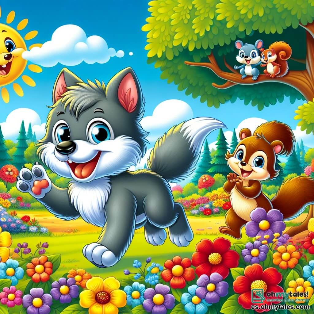 Un pequeño lobo llamado Lolo, con pelaje gris y ojos curiosos, salta alegremente en un parque soleado, rodeado de flores de colores. Son sonrisa refleja su entusiasmo por el verano. Junto a él, una ardilla traviesa llamada Sara, con pelaje marrón y cola esponjosa, trepa por una rama de árbol, riendo y moviendo sus patas delanteras. El parque está lleno de flores rojas, amarillas y violetas, con árboles verdes y un cielo azul claro con algunas nubes blancas. A lo lejos, niños juegan y ríen, sumando a la alegría del verano. Lolo y Sara exploran juntos el parque, disfrutando de la belleza de las flores y simbolizando el espíritu de aventura y camaradería de las vacaciones de verano.