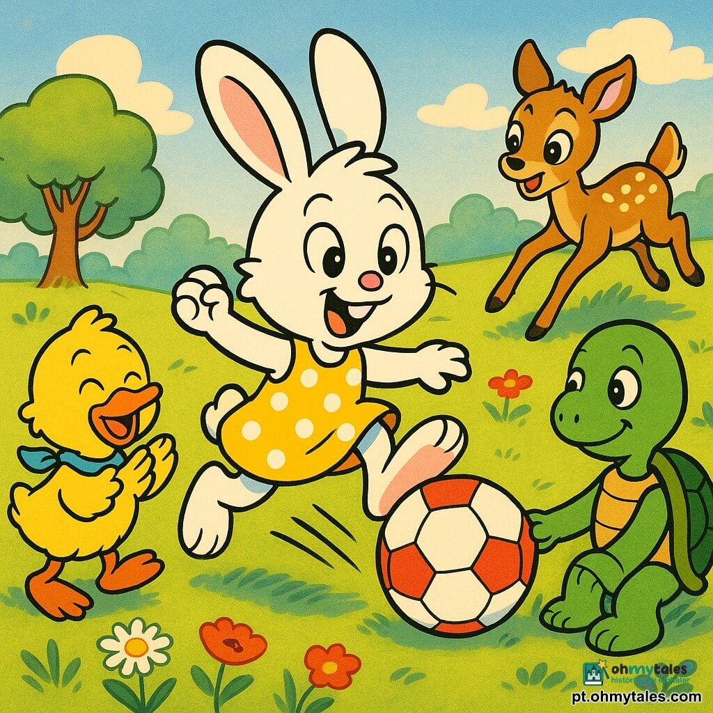 Lila, uma coelhinha branca de grandes orelhas rosas, sorri animada e veste um vestido amarelo de bolinhas, chutando uma grande bola de futebol vermelha e branca no centro da clareira; um pato amarelo de bico laranja à esquerda, usando um cachecol azul, aplaude; uma tartaruga verde à direita segura a bola; um cervo jovem malhado corre ao fundo para trazê‑la; a clareira é um campo iluminado com relva verde, flores coloridas (margaridas, papoilas), poucas árvores de folhas arredondadas e céu azul claro com nuvens suaves; cena: um pequeno jogo amistoso de futebol entre amigos, cores vivas, traços arredondados, expressões exageradas, sensação alegre, movimento visível e luz quente de fim de tarde.