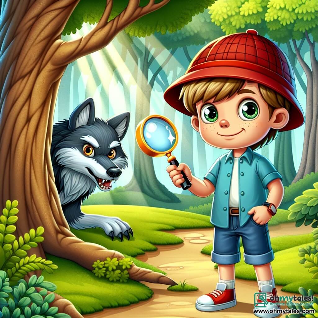 A 6-year-old boy named Max wears a bright red detective hat and holds a magnifying glass. His face shows curiosity and bravery, with sparkling eyes and a determined smile. He is dressed in a blue t-shirt and denim shorts, standing at the edge of a path in the forest. Nearby, a large, wicked wolf with bright eyes and black and gray fur hides behind a tree, watching Max with a curious yet mischievous expression. The setting is an enchanted forest with majestic trees, vibrant green leaves, and sunlight filtering through the branches, creating bright patterns on the mossy ground. The main scene shows Max ready to investigate, scanning the surroundings with his magnifying glass, while the intrigued wolf hides behind the tree, creating an atmosphere of mystery and adventure.