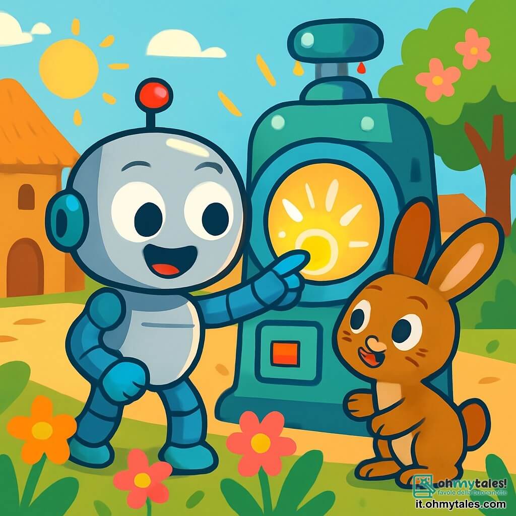 Al centro, un piccolo robot di nome Pipo, con un corpo argentato brillante e occhi rotondi ed espressivi, mostra grande curiosità e gioia. Sta toccando un pulsante luminoso su una macchina del tempo, circondato da luci vivaci e scintillanti. Accanto a lui, un coniglio dalle grandi orecchie, con un pelo morbido e marrone, esprime meraviglia, i suoi occhi brillano di sorpresa mentre guarda Pipo, pronto a giocare. Sullo sfondo, si estende una città antica con case in terracotta dai tetti di paglia, strade in terra battuta e alberi fioriti, creando un'atmosfera calda e accogliente. La scena principale mostra Pipo e il coniglio che esplorano insieme, circondati da fiori colorati e raggi di sole che filtrano tra i rami, illustrando un momento di gioiosa scoperta e amicizia.