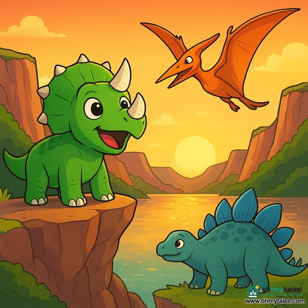 A young and curious triceratops, with bright green skin and shiny white horns, stands atop a cliff, its eyes sparkling with excitement and a wide smile on its face. Beside it, a graceful pteranodon, with bright orange wings and a pointed beak, flies through the air, its feathers shimmering in the setting sun. Below, a wise stegosaurus, with blue plates and a kind gaze, watches the scene from the edge of a sparkling lake. The lake is surrounded by majestic cliffs, where the golden light of the sunset reflects on the water, creating a magical atmosphere. In this scene, the triceratops is preparing to sing with its friends, uniting their voices in a joyful melody that echoes through the valley.