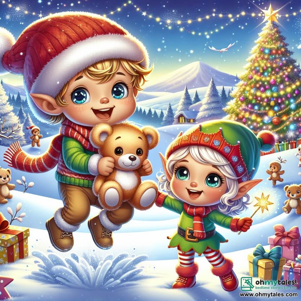 A little boy, 1 year old, with messy blonde hair and sparkling eyes, is jumping with joy in the snow, holding a large teddy bear in his arms. He is wearing a red hat and a striped scarf, and his smile lights up his face. Next to him is a little elf named Sparkle, 5 years old, with pointed ears and curly green hair, encouraging him by waving her little magic wand, surrounded by sparkling glitter. The setting is a magical winter landscape, with snowflakes gently falling, a large Christmas tree decorated with colorful garlands and bright lights in the background. Snow-covered hills stretch as far as the eye can see, creating a magical atmosphere. The main scene shows Tommy and Sparkle digging in the snow to find hidden gifts, with colorful boxes emerging from the sparkling ground, while they laugh and have fun together, ready to save Christmas.