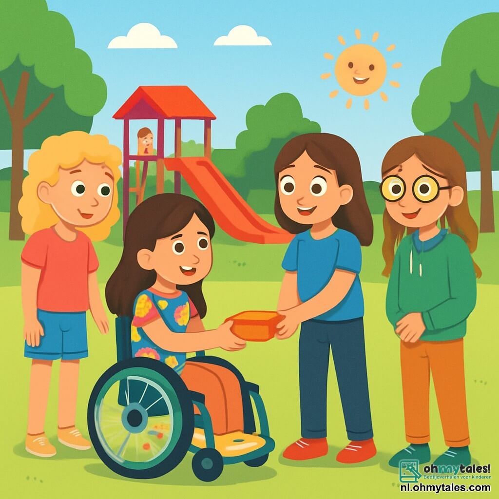 Er zijn 4 kinderen: - Sanne: een 10-jarig meisje met blond, krullend haar, in een roze t-shirt en een spijkerbroekshort. Ze staat links met een nieuwsgierige glimlach. - Zoë: een 10-jarig meisje met bruin, steil haar, in een kleurrijke bloemenjurk. Ze staat in het midden en steekt haar hand naar Noor uit met een vriendelijke blik. - Lara: een 10-jarig meisje met kastanjebruin haar en ronde bril, in een blauw t-shirt en zwarte broek. Ze staat rechts en kijkt bemoedigend naar Noor. - Merel: een 10-jarig meisje met rood haar in vlechten, in een groene hoodie. Ze staat iets naar achteren met een verlegen glimlach en kijkt naar de scène. De setting is een groot schoolplein met kleurrijke schommels, een grote rode glijbaan en groene bomen op de achtergrond. De lucht is blauw en zonnig, en kinderen spelen vrolijk rondom. De belangrijkste situatie toont de vier meisjes die Noor omringen, die in haar mooie rolstoel zit, versierd met kleurrijke stickers. Noor glimlacht blij terwijl Zoë haar een lunchdoos met snacks aanbiedt. De andere meisjes kijken vriendelijk naar haar, klaar om haar in hun spel op te nemen.