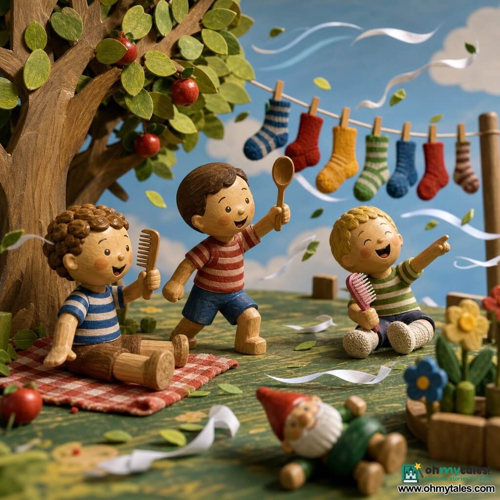 Three boys, about 3½ years old—Toby with light brown curly hair, a round smiling face, holding a small wooden comb and seated left on a red checked mini blanket; Max with short brown hair and a curious look, holding a wooden spoon like a wand and centered, leaning forward; Ben with short blond hair, wearing turned-down socks, holding a pink plastic brush, seated right laughing and pointing into the wind—play in a painted wooden tabletop miniature garden with a textured green lawn, a large wooden apple tree with movable cut-out leaves, a clothesline with colorful socks and a toppled wooden garden gnome against a light blue sky with fluffy clouds; they "comb" the wind as white paper ribbons and painted leaves swirl around, the clothesline floats like bunting and a breeze is shown by curved blue strokes, creating a whimsical, gently humorous scene with exaggerated gestures and joyful expressions.