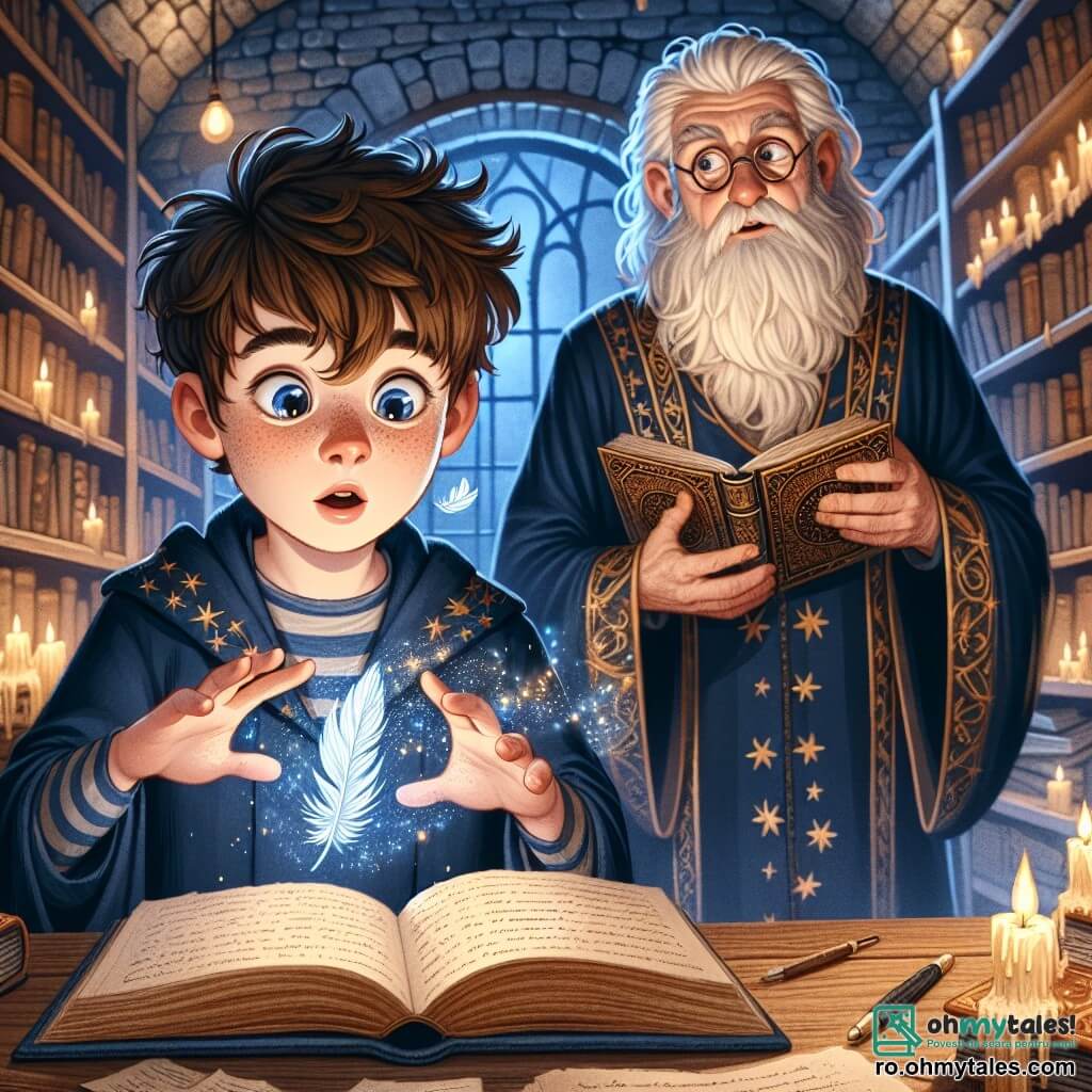 Aiden, un tânăr vrăjitor de 12 ani, cu părul castaniu și ochi plini de curiozitate, stă în centrul scenei, ținând o carte veche de magie deschisă în fața lui. Fața lui exprimă uimire și determinare, în timp ce o ușoară strălucire magică emană din paginile cărții, iluminându-i chipul. Lângă el, Eamon, un vrăjitor înțelept de 70 de ani, cu o barbă lungă albă și ochelari rotunzi, îl observă cu atenție. Poartă o robă de vrăjitor albastră închisă, împodobită cu modele de stele aurii, și stă ușor retras, pregătit să-și ghideze elevul tânăr. Scena se desfășoară într-o veche librărie, cu pereți de piatră acoperiți de cărți prăfuite. Rafturi din lemn masiv se întind până la tavan, iar lumânările tremurânde creează o atmosferă misterioasă. Pânze de păianjen atârnă în colțuri, adăugând o notă de aventură mediului. Aiden, descoperind magia pentru prima dată, rostește o incantație, făcând o pană să leviteze deasupra mesei. Magia strălucește în jurul lui, creând un moment de uimire pură și descoperire.