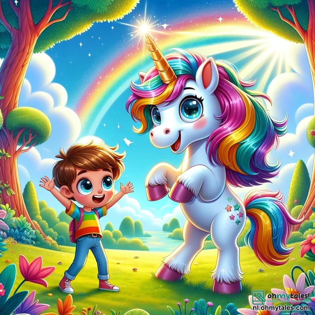 Een prachtige eenhoorn genaamd Lila, met een glinsterende regenboogmanen en een schitterende gouden hoorn, danst vrolijk in een zonnige open plek. Haar grote, sprankelende ogen tonen haar opwinding terwijl ze zich voorbereidt om op te stijgen. Naast haar staat een 10-jarig jongetje genaamd Bobbel, met rommelig bruin haar en een kleurrijk t-shirt, die haar met een verwonderde glimlach observeert. Hij steekt zijn handen in de lucht, klaar om zijn kracht te gebruiken om de eenhoorn te laten zweven. De omgeving is een betoverende open plek, omringd door bomen met kleurrijke stammen en zingende bloemen, onder een stralende blauwe lucht met wollige wolken. Zonnestralen filteren door de bladeren en creëren een magische sfeer. In deze scène staan Lila en Bobbel op het punt een ongelooflijk avontuur te beleven, met de eenhoorn die klaar is om de lucht in te stijgen dankzij Bobbels krachten, en vullen ze de lucht met lachen en vreugde.