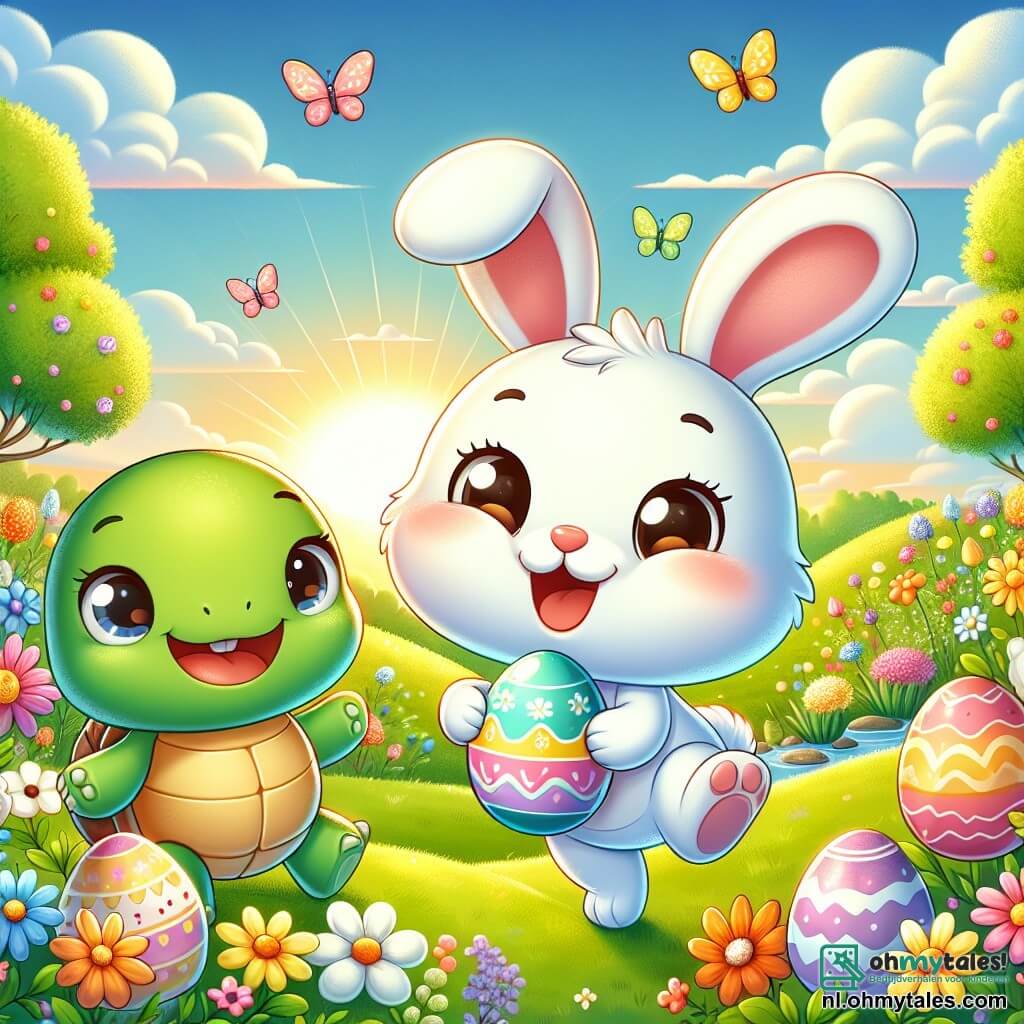 Een klein wit konijntje genaamd Bunny, met grote oren en sprankelende ogen van vreugde, springt vrolijk in een groen veld, omringd door kleurrijke bloemen en kleine paaseieren. Hij heeft een grote glimlach op zijn gezicht, die zijn opwinding voor de eierenjacht toont. Dichtbij kijkt een klein groen schildpadje, genaamd Tilly, naar Bunny met een aanmoedigende glimlach, haar ogen stralend van vriendschap. Ze zit op een steen, met een versierd ei in haar pootjes, klaar om hem te helpen in zijn zoektocht. De plek is een prachtig lentefeld, verlicht door gouden zonlicht, met bloeiende bomen en een blauwe lucht bezaaid met donzige witte wolken. Kleurrijke vlinders fladderen rond, wat bijdraagt aan de vrolijke sfeer. De belangrijkste situatie toont Bunny die een glanzend ei ontdekt dat verstopt is onder een bloem, terwijl Tilly enthousiast aanmoedigt, wat een sfeer van geluk en vriendschap creëert.