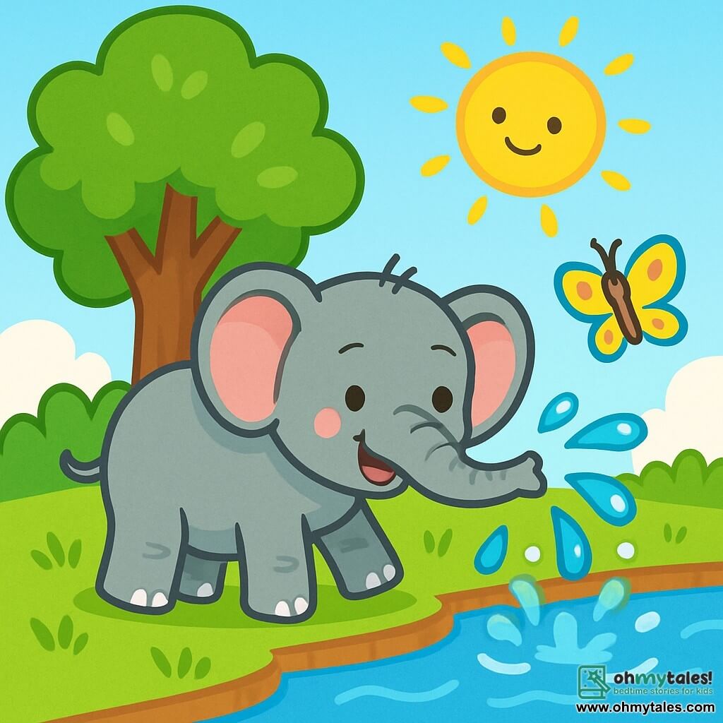 A happy, smiling elephant with gray skin and large pink ears stands by a sparkling stream. It splashes water with its trunk, creating bright droplets that dance in the sunlight. Next to it, a small colorful butterfly with yellow and blue wings joyfully flutters, curiously watching the elephant. In the background, a large green tree with lush leaves provides shade, while the sun shines in a clear blue sky. The elephant and the butterfly share a moment of magic and happiness, surrounded by the beauty of nature.