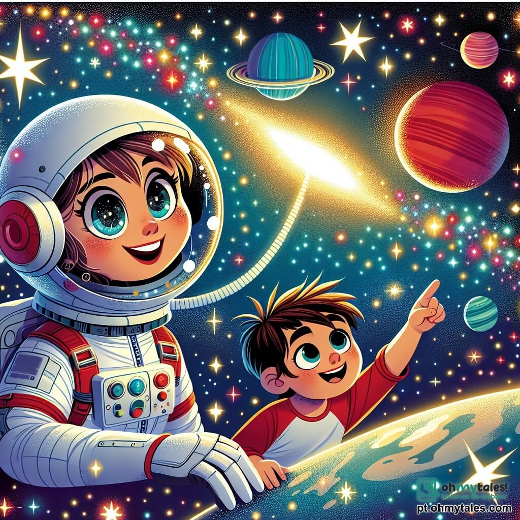 Uma mulher astronauta sorridente, com um capacete brilhante e um traje espacial branco, flutua no espaço, cercada por estrelas cintilantes. Seus olhos brilham de empolgação e curiosidade. Ao lado dela, um garoto de 7 anos, Leo, com cabelos castanhos bagunçados e uma camiseta vermelha, a observa com admiração, apontando para um planeta vermelho ao longe. O ambiente é um vasto céu estrelado, salpicado de planetas coloridos e nebulosas luminosas, criando um espetáculo mágico. Ana e Leo sonham juntos, admirando as maravilhas do universo, com estrelas brilhantes e cores vibrantes ao seu redor.