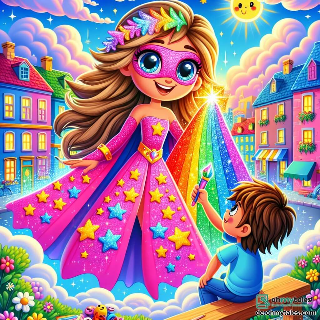 Glitzerglück, eine Superheldin, ist eine Frau mit langen, glänzenden Haaren und strahlenden, fröhlichen Augen. Sie trägt ein leuchtend pinkes Kostüm, das mit vielen funkelnden Sternen geschmückt ist. Sie lächelt herzlich, während sie in der Luft schwebt und ein buntes Spielzeug in ihren Händen hält, bereit, es einem Kind zurückzugeben. Neben ihr sitzt ein etwa 7-jähriger Junge mit zerzausten braunen Haaren und einem blauen T-Shirt, der Glitzerglück mit Staunen ansieht. Er sitzt auf einer Bank, seine Augen strahlen vor Dankbarkeit, während er die Arme nach seinem Spielzeug ausstreckt. Die Szenerie zeigt eine bunte Stadt mit lebhaften Gebäuden, blühenden Gärten und strahlend grünen Bäumen. Der Himmel ist strahlend blau, mit flauschigen weißen Wolken, und die Sonne scheint fröhlich. Die Hauptsituation zeigt Glitzerglück, die das verlorene Spielzeug des kleinen Jungen gefunden hat, umgeben von bunten Schmetterlingen, die um sie herumtanzen und die Magie und Freude der gegenseitigen Hilfe symbolisieren.