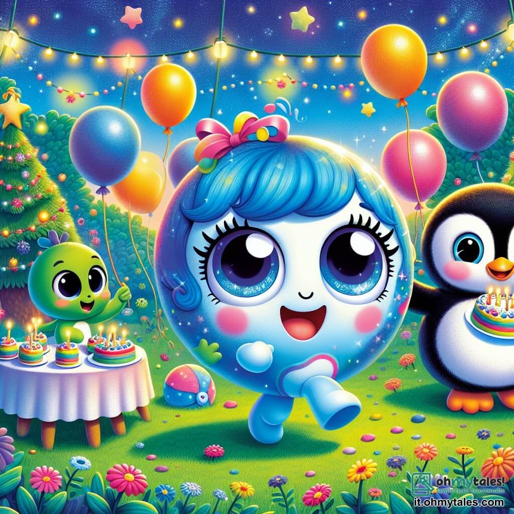Lalla, una adorabile pallina di pelo blu con grandi occhi scintillanti e un ampio sorriso, è al centro della scena, saltellando di gioia mentre tiene dei palloncini colorati. A destra, Pino, un piccolo pinguino dalle piume bianche e nere, con un'aria entusiasta, sta preparando dei dolcetti su un tavolo decorato. A sinistra, Tina, una tartaruga verde con un guscio lucido, sorride mentre tiene palloncini multicolori, pronta ad appenderli ai rami degli alberi. La scena si svolge in un grande prato verde, illuminato da luci scintillanti, con fiori colorati che danzano al vento e un cielo stellato sullo sfondo. Gli amici si riuniscono per festeggiare il Capodanno, circondati da risate e musica, pronti a contare insieme gli ultimi istanti dell'anno e ad accogliere il nuovo con gioia.