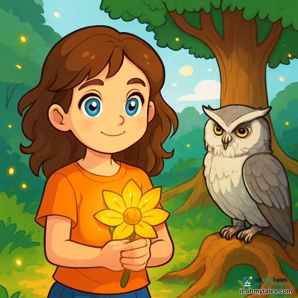 Una ragazza di 12 anni, Sofia, con occhi brillanti come laghi turchesi e capelli castani ondulati, si trova al centro di una radiosa radura. Il suo viso esprime una determinazione gioiosa e tiene delicatamente un magnifico fiore dorato tra le mani. Accanto a lei, un vecchio tasso dalle piume argentate, saggio e maestoso, la osserva con occhi dolci e penetranti, seduto su una radice d'albero. Sullo sfondo, un grande albero con radici imponenti e fogliame lussureggiante si innalza verso il cielo, mentre lucciole scintillano intorno, creando un'atmosfera magica. La scena trasmette un senso di avventura e scoperta, con Sofia, piena di speranza, pronta a condividere il suo tesoro con il mondo.