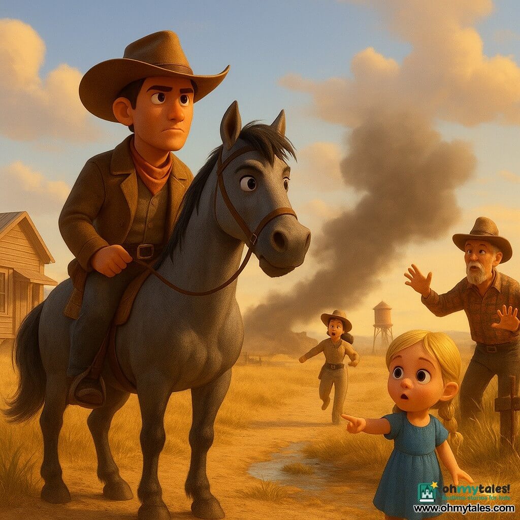 A young cowboy named Jack, tanned and determined, sits upright on his gray horse Comet while looking into the distance; nearby Lily, about 7 with braided blond hair in a simple blue dress, points in surprise at a small shiny spot on the grassy bank of a sparkling stream; Sheriff Rose, about 35 in a sand-colored uniform and shiny boots, runs from a small wooden building calling out, and elderly Mr. Pruitt waves anxiously near a wooden fence. The setting is a wide dry sunlit prairie with tall yellowed grass, a dusty road, a few wooden buildings on a main street and a red water tower in the distance. A dark dust cloud like a cattle storm advances with rolling tumbleweeds as the town bell rings, and Jack prepares to guide the animals away from the stream while Lily points to the shiny object. Visual style: warm saturated colors, soft slightly cartoonish textures, late-morning lighting and clear, readable expressions for children.