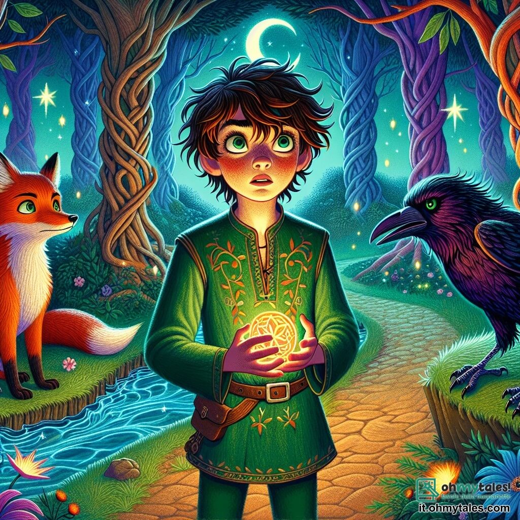 Elio, un ragazzo di circa 12 anni, si trova al centro della scena, con i capelli castani disordinati e gli occhi pieni di curiosità. Indossa una tunica verde decorata con motivi floreali e il suo viso esprime un misto di meraviglia e determinazione. Tiene saldamente un amuleto a forma di luna, illuminato da una dolce luce. A destra, una volpe di fuoco, con un pelo ardente e occhi maliziosi, osserva attentamente Elio, pronta a guidarlo attraverso la foresta. A sinistra, un corvo dalle piume nere lucenti e occhi verdi penetranti plana in aria, sembrando sussurrare avvertimenti. La scena si svolge nel cuore della misteriosa Foresta dei Sussurri, dove grandi alberi dai tronchi nodosi si ergono verso il cielo, le loro foglie scintillano come stelle. Fiori luminescenti bordano il sentiero e un ruscello dalle acque cristalline serpeggia attraverso il suolo coperto di muschio. Elio, di fronte a tre sentieri che si dividono, esita, il cuore che batte forte. La volpe di fuoco lo incoraggia ad avanzare, mentre il corvo sembra volerlo deviare, creando una tensione palpabile nell'aria incantata della foresta.