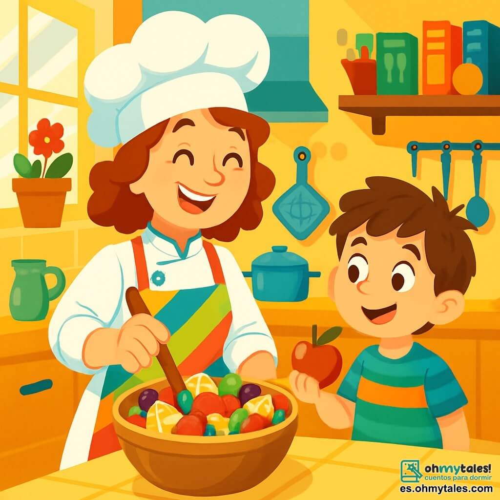 La Chef Lucía, una mujer sonriente con un gran sombrero blanco y un delantal colorido, está mezclando frutas en un gran bol de madera. Sus ojos brillan de alegría y transmite una energía cálida y acogedora. A su lado, Mateo, un niño de 8 años con cabello castaño desordenado y una camiseta a rayas, sostiene una pequeña manzana sonriendo, listo para añadirla a la ensalada. La escena tiene lugar en una cocina luminosa y colorida, llena de utensilios brillantes, macetas en el alféizar de la ventana y estantes cargados de libros de recetas. Rayos de sol entran por las ventanas, iluminando el suelo de baldosas. La situación principal muestra a Lucía enseñando a los niños a preparar una ensalada de frutas alegre, creando un ambiente festivo y divertido.
